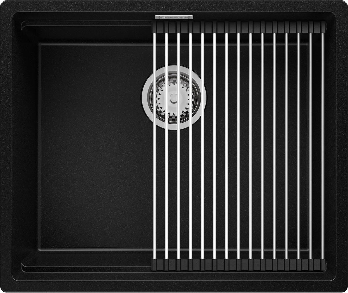 SPÜLBECKEN Praga Slim, 2-er set Schwarz 56/47 cm 1 Becken + Ablauf-Set + Aufrollbare Abtropffläche ab 60er Unterschrank - Chromfarben/Schwarz, Kunststoff (56/20/47cm) - Primagran