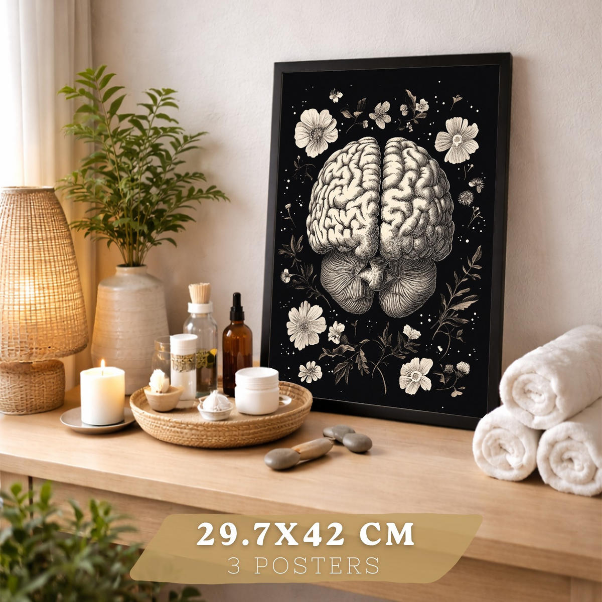 POSTER Set aus 3 Anatomie Mensch Drucke und Wandbilder mit Niere Harnsystem Gehirn und Herz Klassisches Schwarz Weiß Design Größe Rahmenlos A3 - Klar, Papier (29.7/42/3cm) - Nacnic