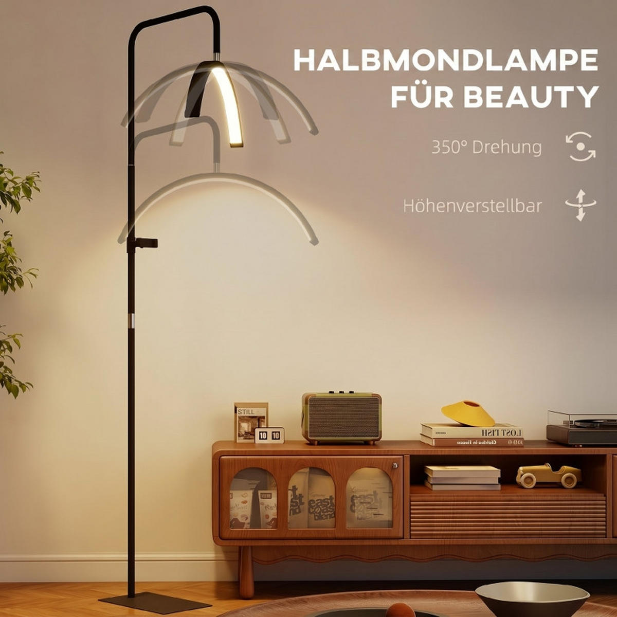 STEHLEUCHTE LED-Wimpernlampe 136-186cm Dimmbar Halbmond-Kosmetiklampe mit Handyhalterung - Schwarz, Metall (77.5/20.5/186cm) - Raelunyi