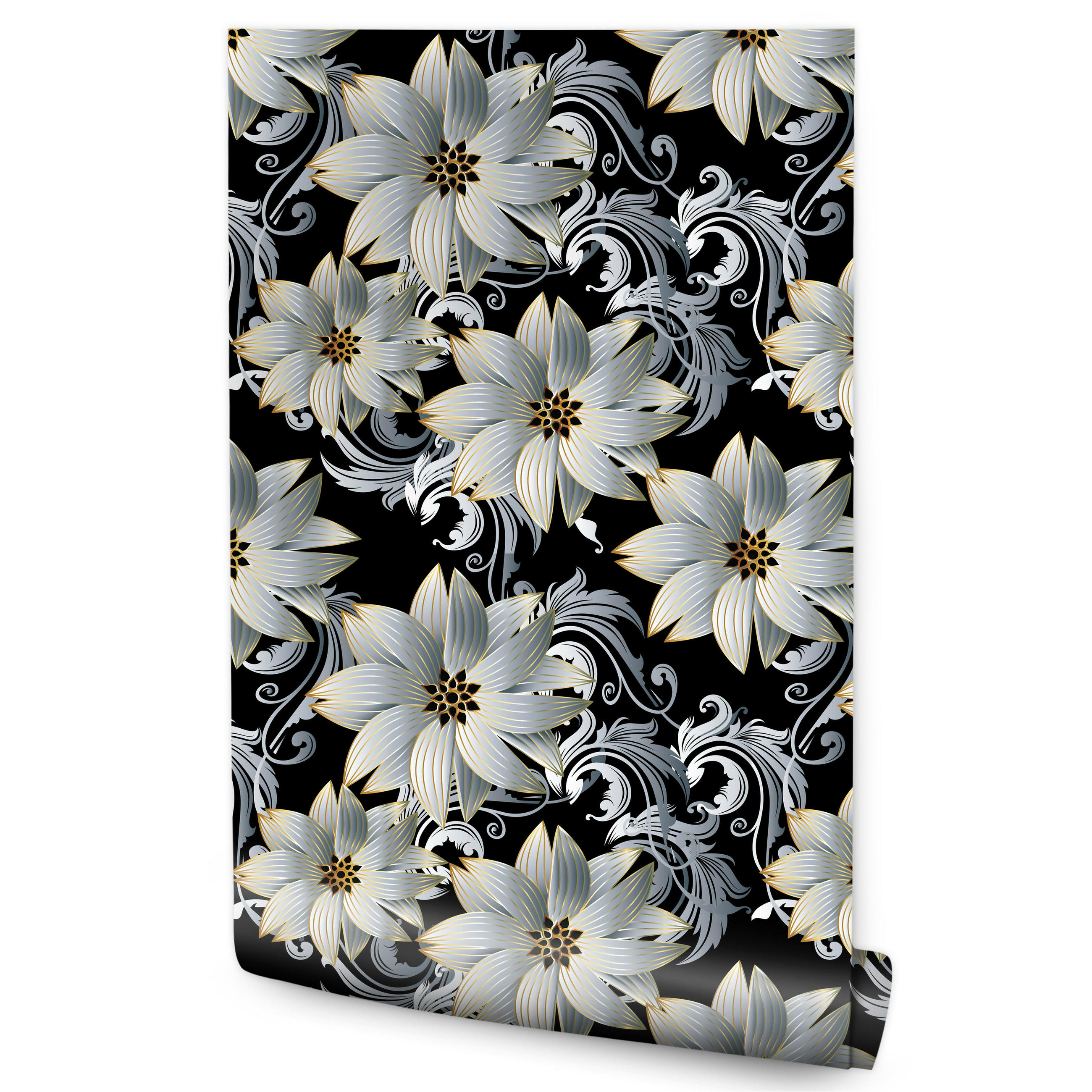 VLIESTAPETE Florale Ornamente in 3D-Optik – Silberfarben, Schwarz – 50x1000 cm - Silberfarben/Schwarz, Papier (50/1000cm) - Muralo