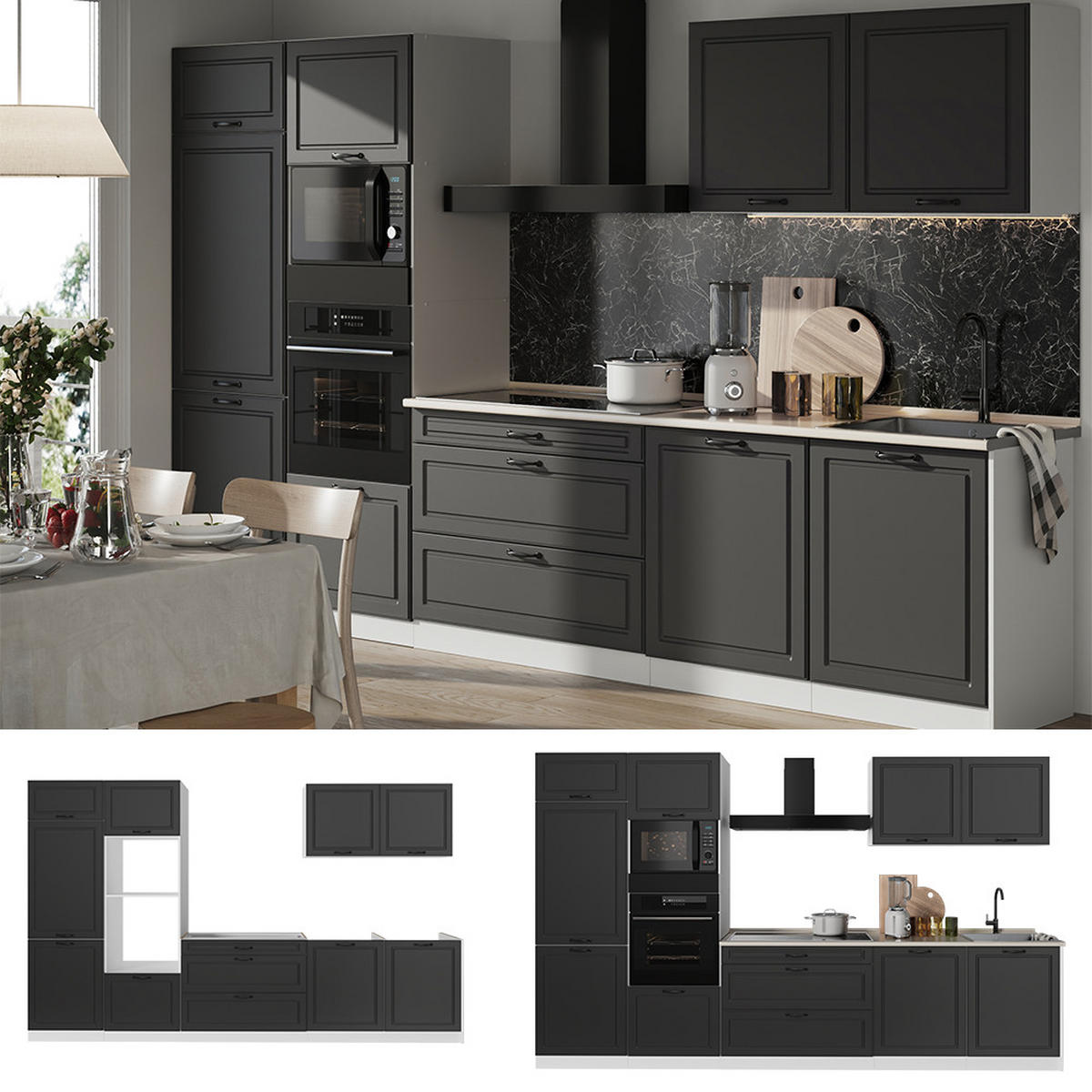 KÜCHENZEILE R-Line, Anthrazit Landhaus/Weiß, 340 cm Arbeitsplatte Anthrazit - Anthrazit/Weiß, Holzwerkstoff (340/206.8/60cm) - Vicco
