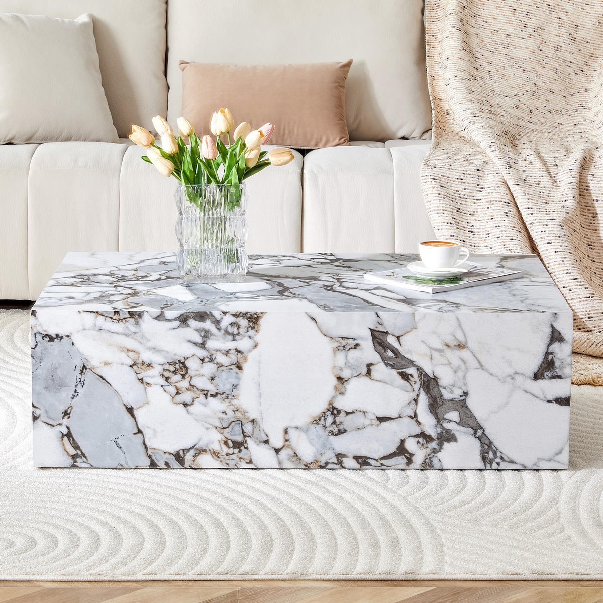 COUCHTISCH 90/50/30 cm weiß aus MDF mit Marmoroptik ohne Montage - Weiß, Holzwerkstoff (90/50/30cm) - OKWISH