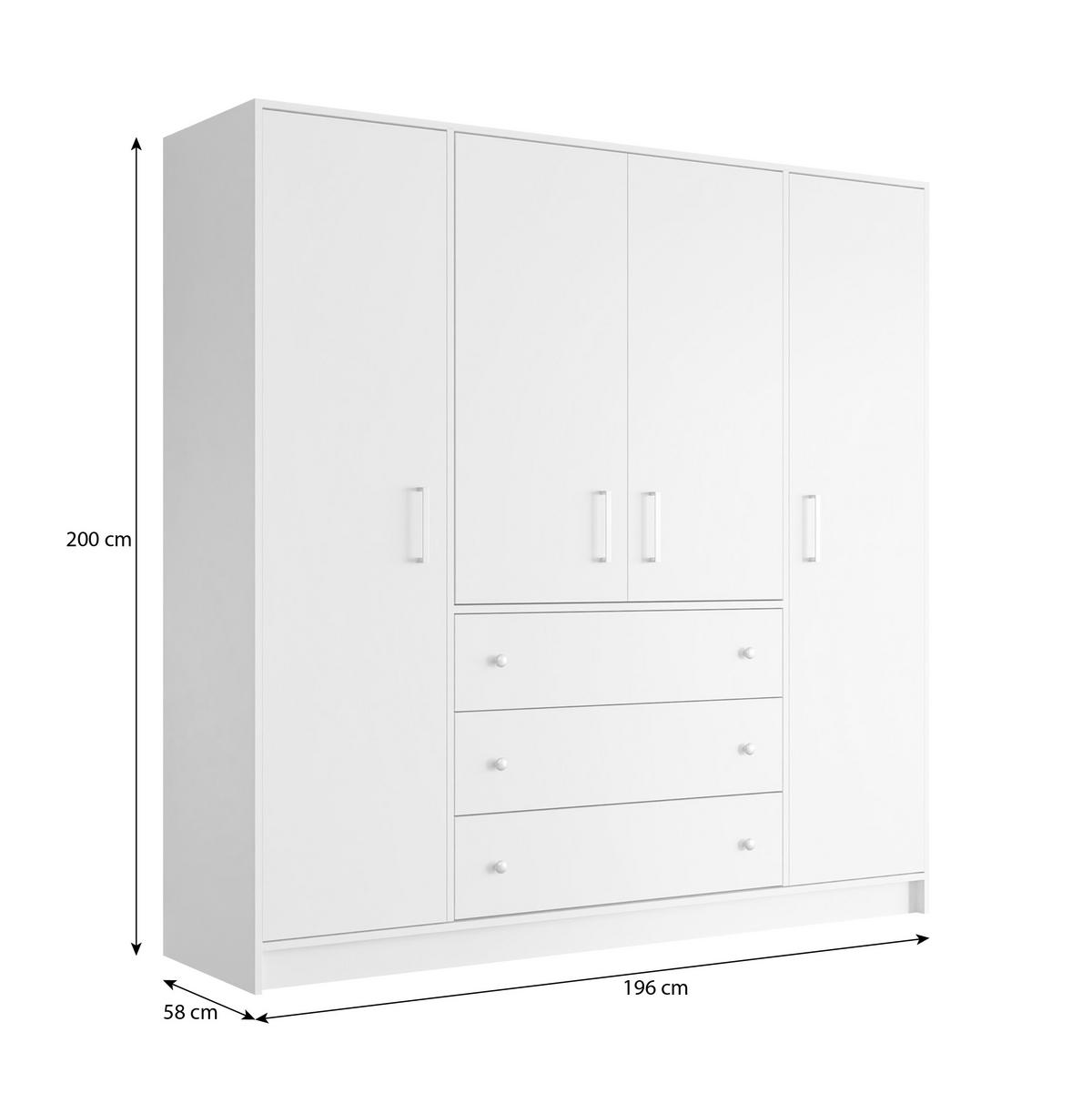 DREHTÜRENSCHRANK Rilo mit 4 Türen und 3 Schubladen, 200 cm, Weiß - Weiß, Holzwerkstoff (196/210/58cm) - Beautysofa