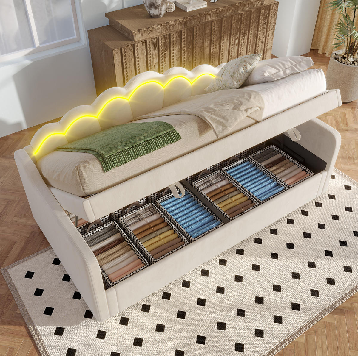 TAGESBETT 90/200 cm aus Samt mit hydraulischem Stauraum und LED-Beleuchtung, Beige - Beige, Textil (90/200cm) - Redom