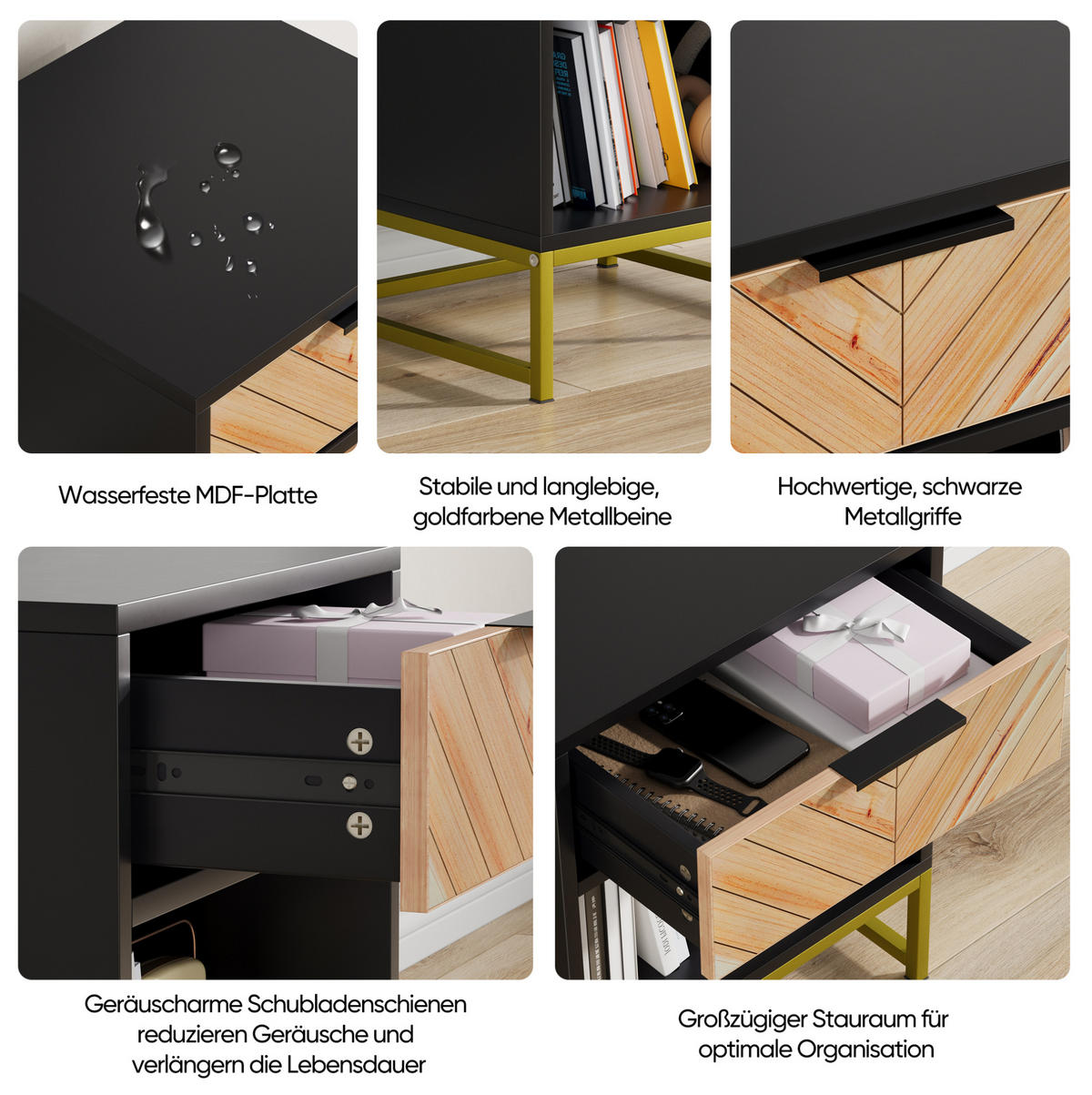 NACHTTISCH 43/40/55 cm Schwarz/Natur aus MDF mit Schublade - Hellbraun, Holzwerkstoff (40/55/43cm) - OKWISH