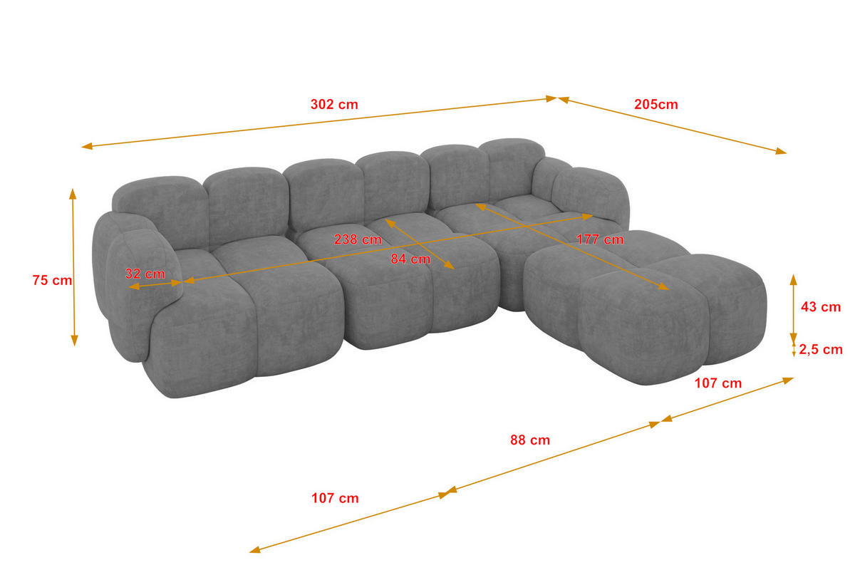ECKSOFA modulares Sofa Rechts Miko-L2 302x205x75 Grau Velours - Schwarz/Grau, Holzwerkstoff/Kunststoff (302/205cm) - ALTDECOR