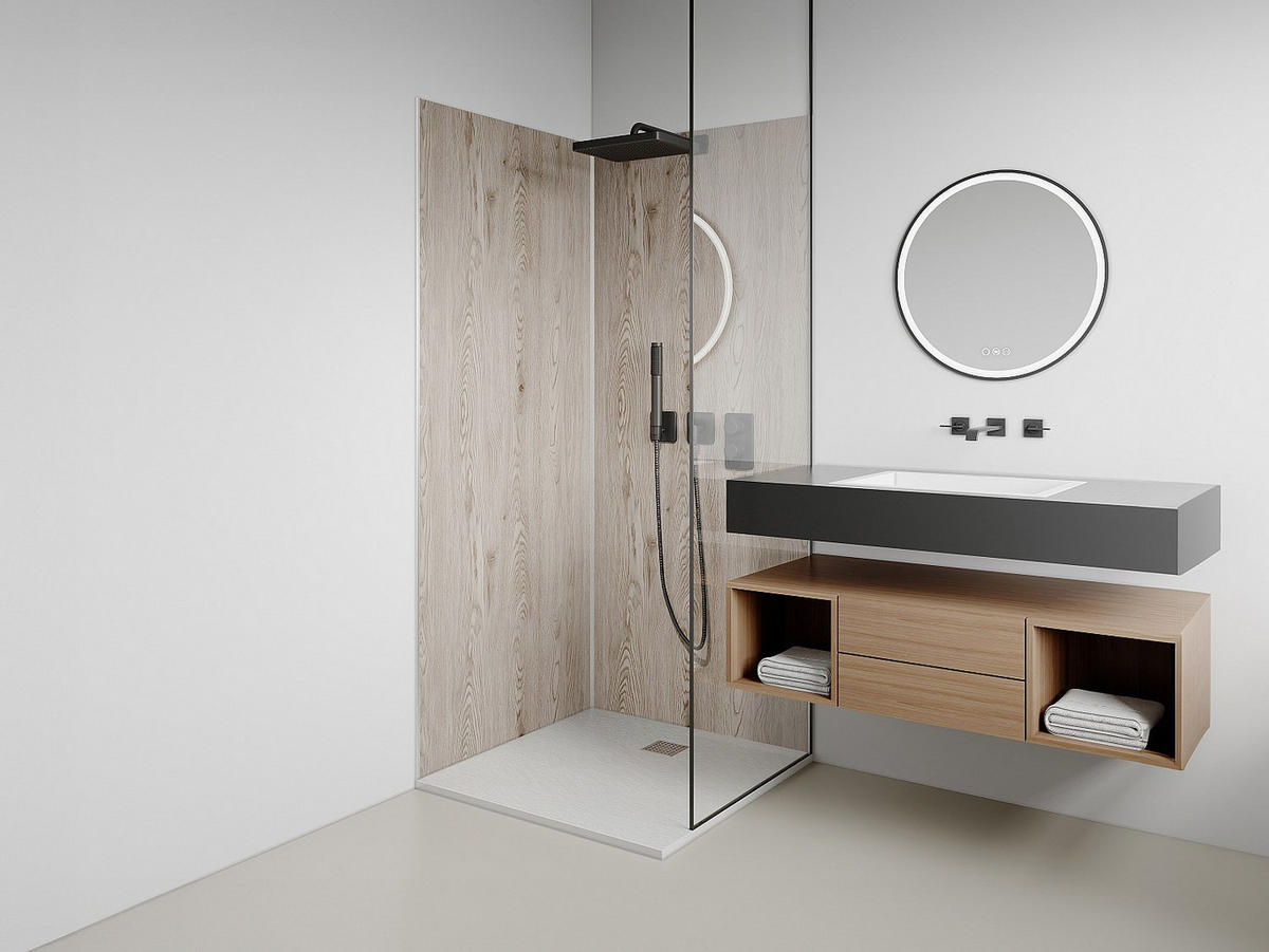 WANDPANEELE für Dusche - 90 cm x 90 cm - plastik - naturfarben hell Eneko - Taupe, Kunststoff/Metall (90/210/90cm) - Vente-Unique