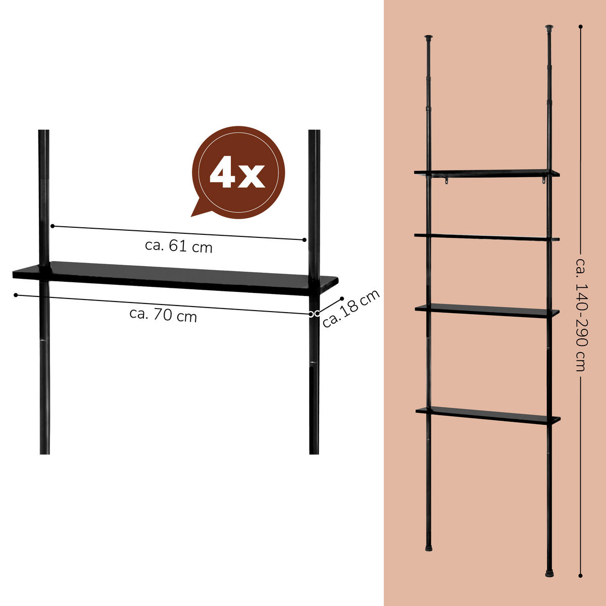 TELESKOP-WANDREGAL, schwarz, Metall - Schwarz, Metall (70/290/18cm) - bremermann