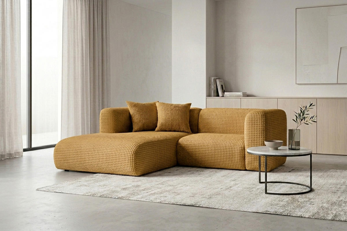 ECKSOFA L-Form mini, Chenille-Stoff Cremona, Golden, Links, GRETA - Goldfarben, Holz (226/179cm) - Kaiser Möbel