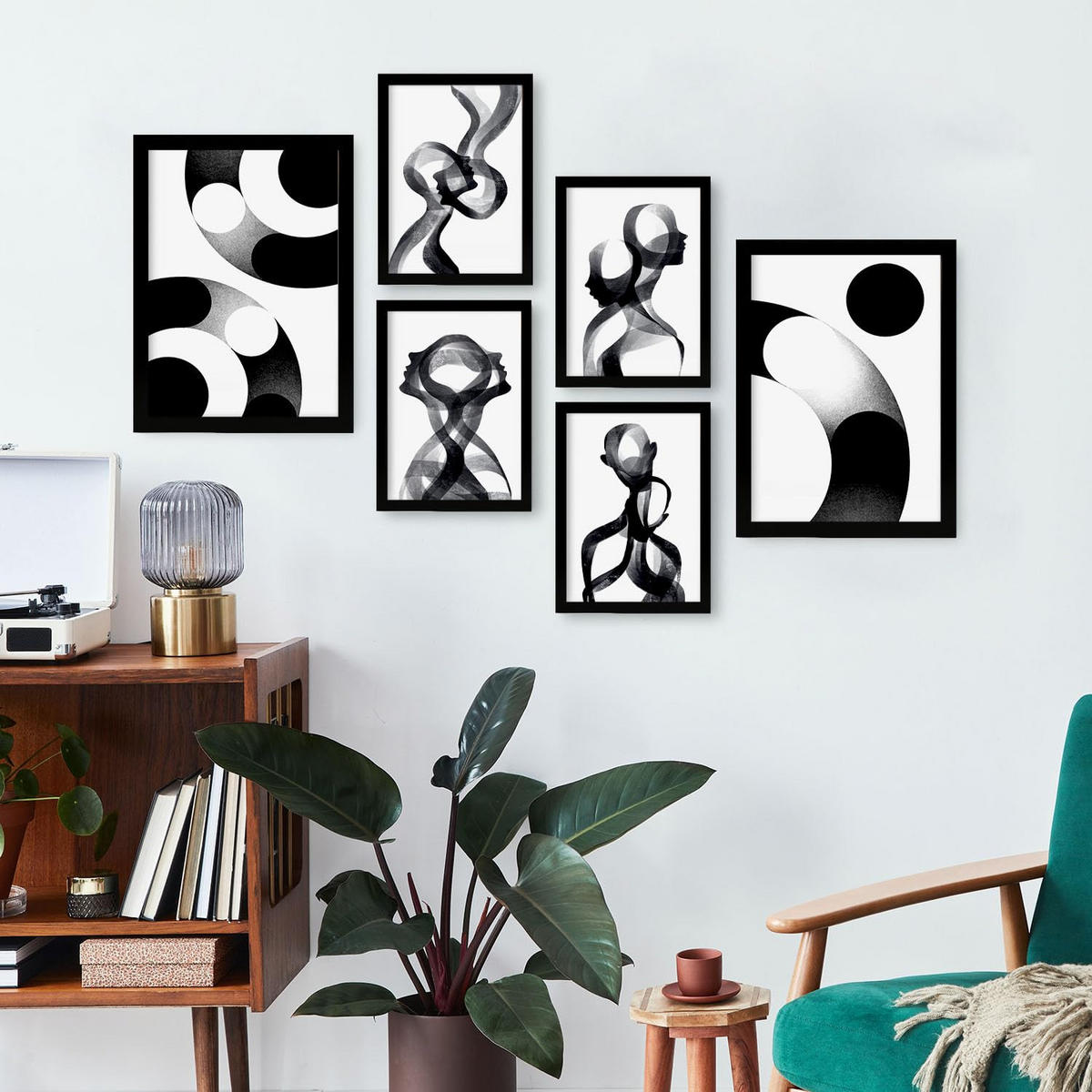 POSTER Set Mit 6 Stille Streifen In Liebhaber Abstrakt Ästhetische Dekorative Gemälde Für Ihr Wohnzimmer Schlafzimmer Zuhause A3 & A4 Schwarzer Rahmen - Schwarz, Papier (29/3cm) - Nacnic
