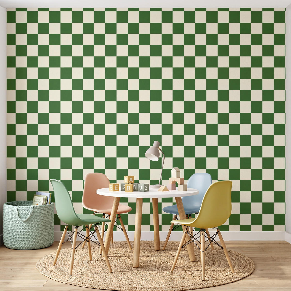 KINDERTAPETE - Schachbrett - Muster - Grün - 260x220 cm - Grün, Papier (260/220cm) - OnlyWow