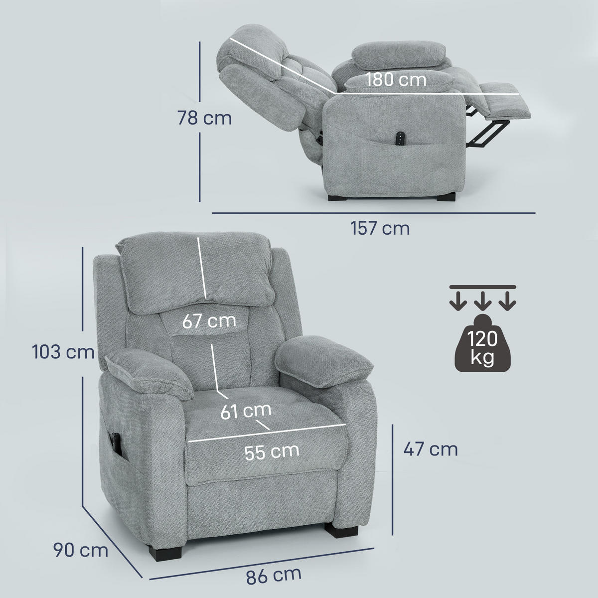 RELAXSESSEL,150° Samtoptik Fußstütze Fernbedienung Seitentasche,grau - Grau, Textil (90/103/96cm) - Vallsero
