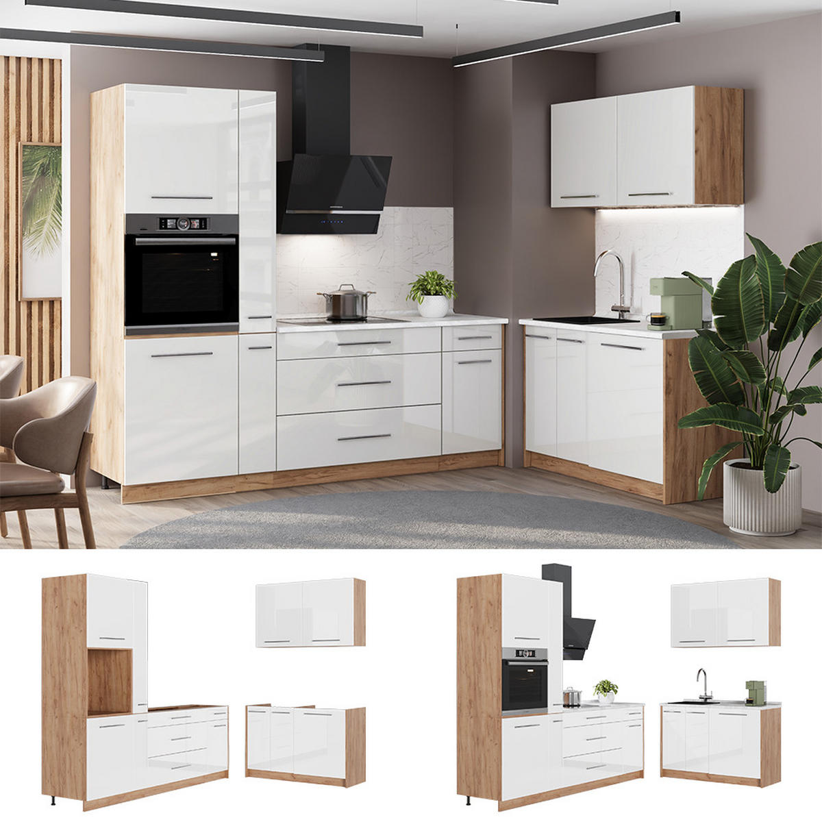KÜCHENZEILE Fame-Line, Weiß Hochglanz/Goldkraft Eiche, 220 x 120 cm, AP Anthrazit - Honigeiche/Weiß Hochglanz, Holzwerkstoff (220/206.8/60cm) - Vicco
