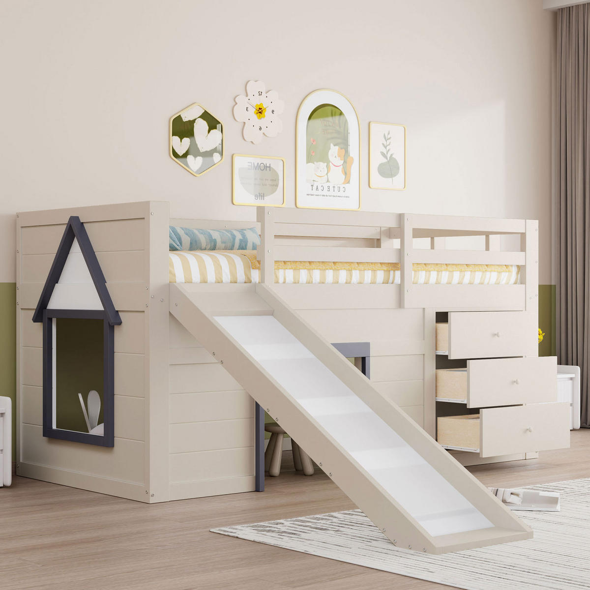 HOCHBETT 90/200 cm in Creme – mit Rutsche und Stauraum - Weiß, Holzwerkstoff (90/200cm) - BEAOK