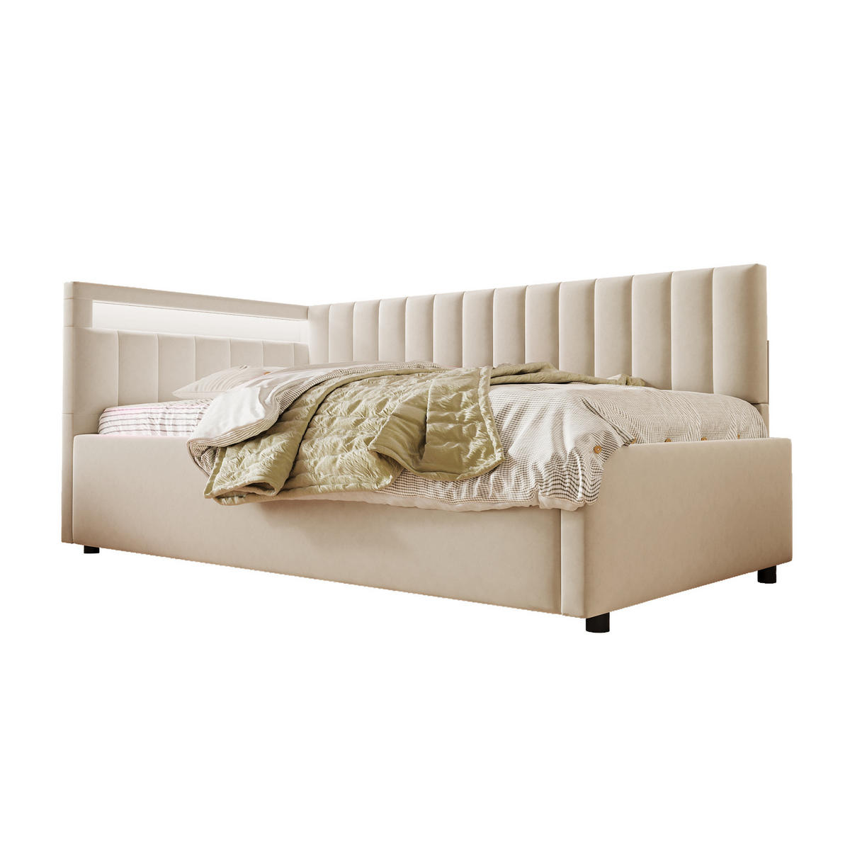 POLSTERBETT mit LED-Beleuchtung 90/200 cm mit Bettkasten in Beige - Beige, Textil (90/200cm) - BEAOK