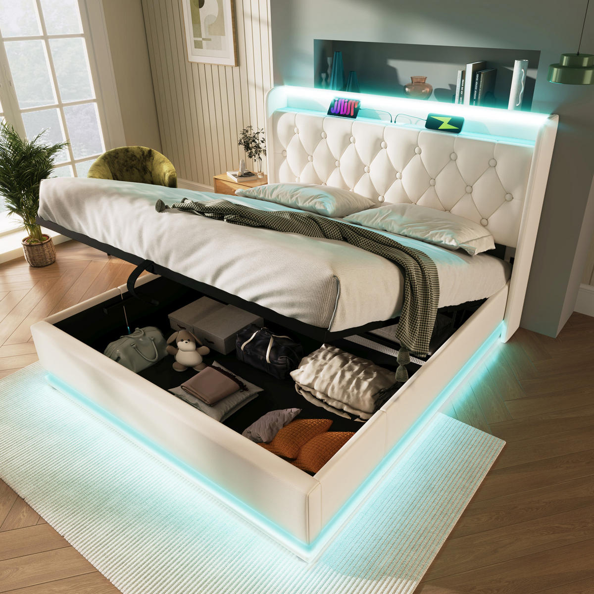 POLSTERBETT mit LED und Stauraum 140x200 cm PU Weiß - Weiß, Metall (140/200cm) - Meubliv