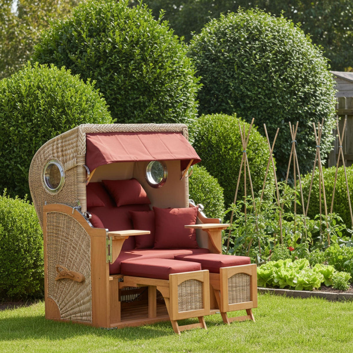 STRANDKORB Düne 2-Sitzer Teak Shell - Rot/Braun, Holz/Metall (125/170/80cm) - Mr. Deko