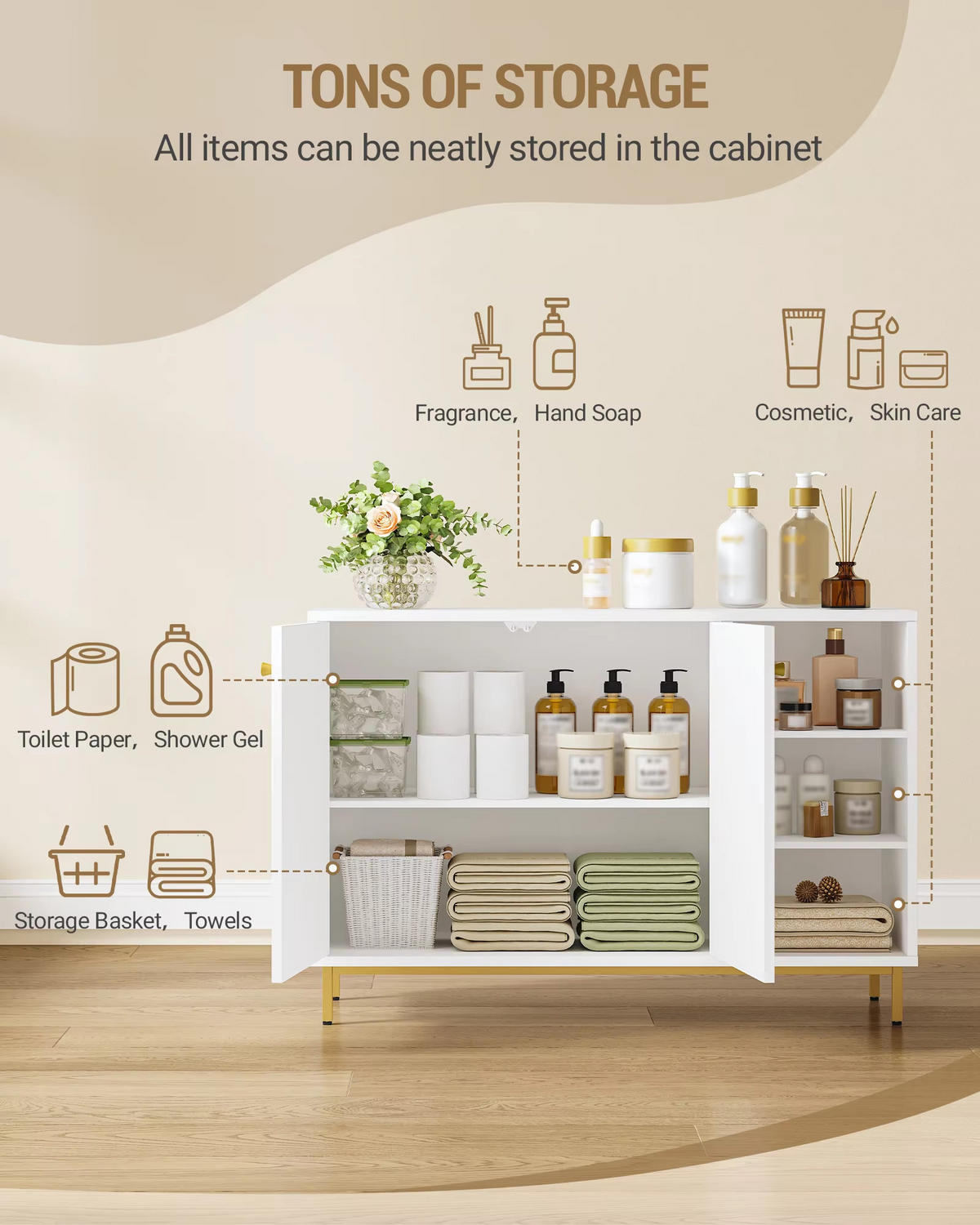 BADEZIMMERSCHRANK Weiß/Gold verstellbares Regal Sideboard - Weiß, Holz (100/70/35cm) - Kaket