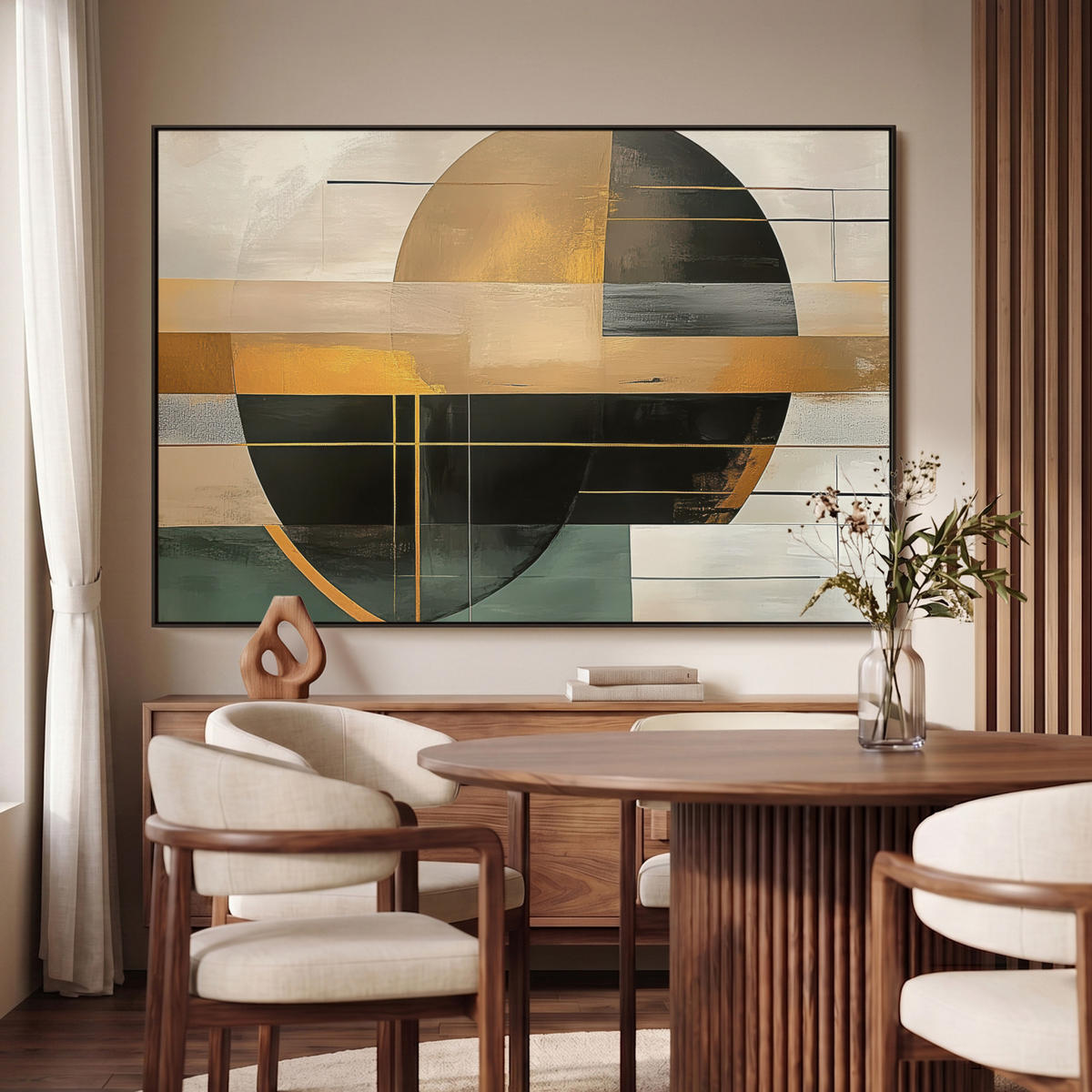 LEINWAND Bilder mit Rahmen - Abstrakt - Gold - Bronze - Grün - Formen - Modern - 150x100 - Multicolor, Textil (150/100cm) - MuchoWow