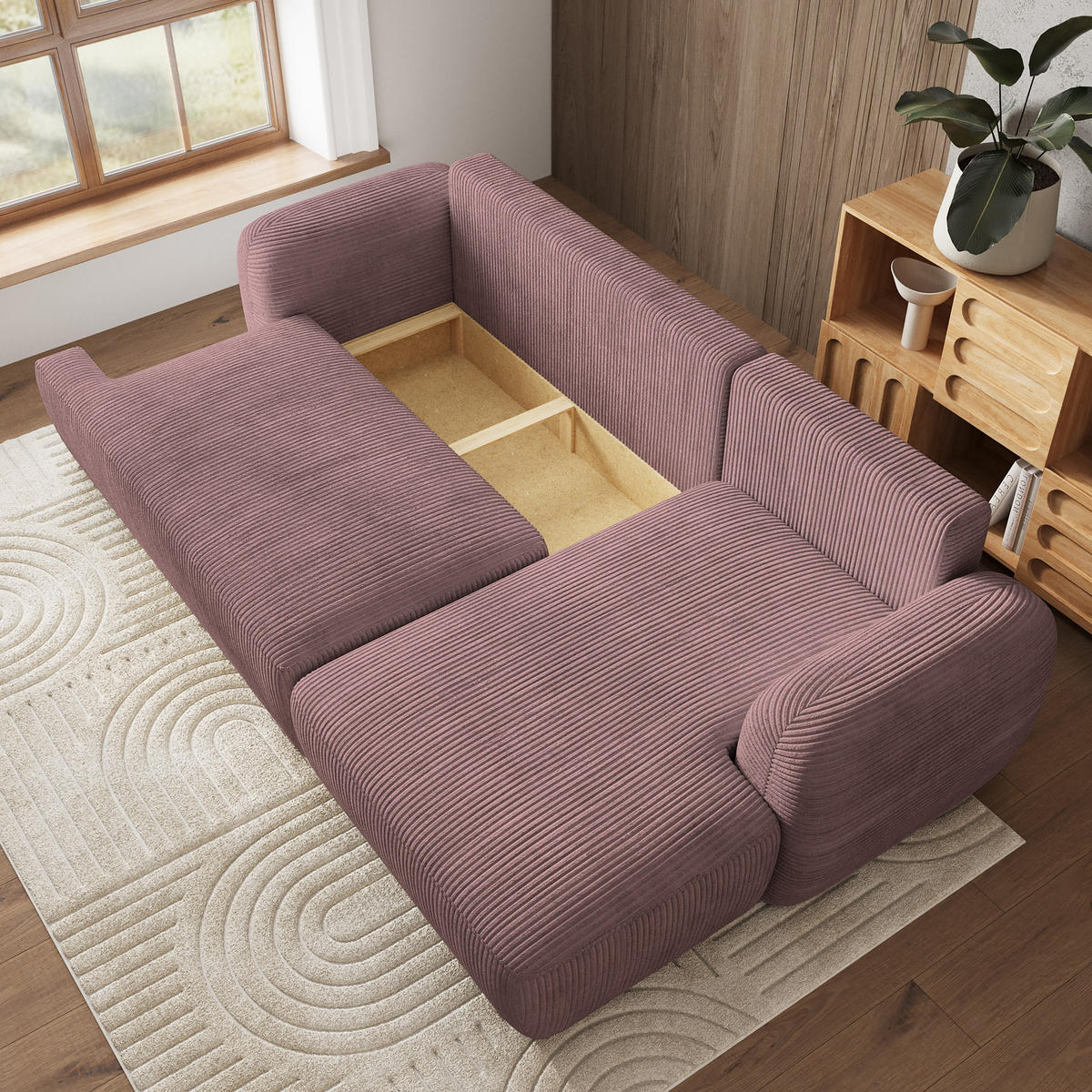 ECKSOFA MODENZA P R-S Lila Kordstoff mit Schlaffunktion - Lila, Holz (266/148cm) - MASSENO