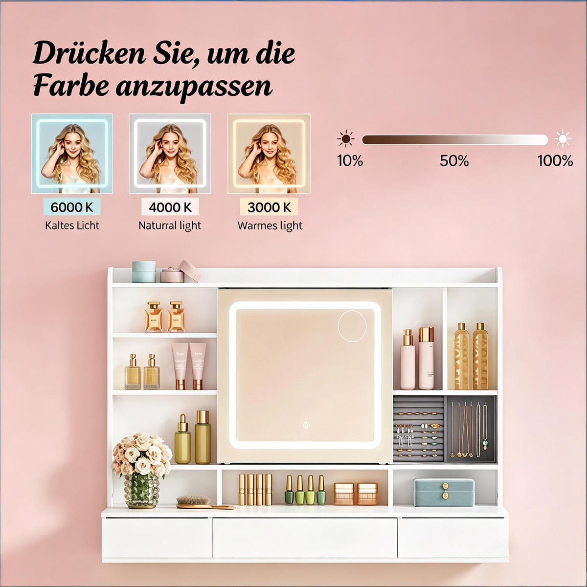 SCHMINKTISCH,MIT vielseitigem Speicherplatz,134.5*80*40 cm - Weiß, Glas (110/140/40cm) - Vallsero