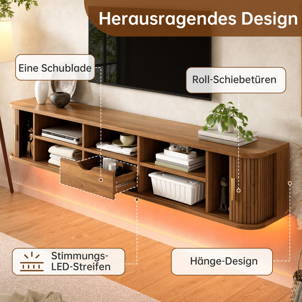 TV-BOARD Wandhängend MDF LED Rillenoptik Wohnzimmer - Walnussfarben, Holzwerkstoff (175/30/30cm) - FLIEKS