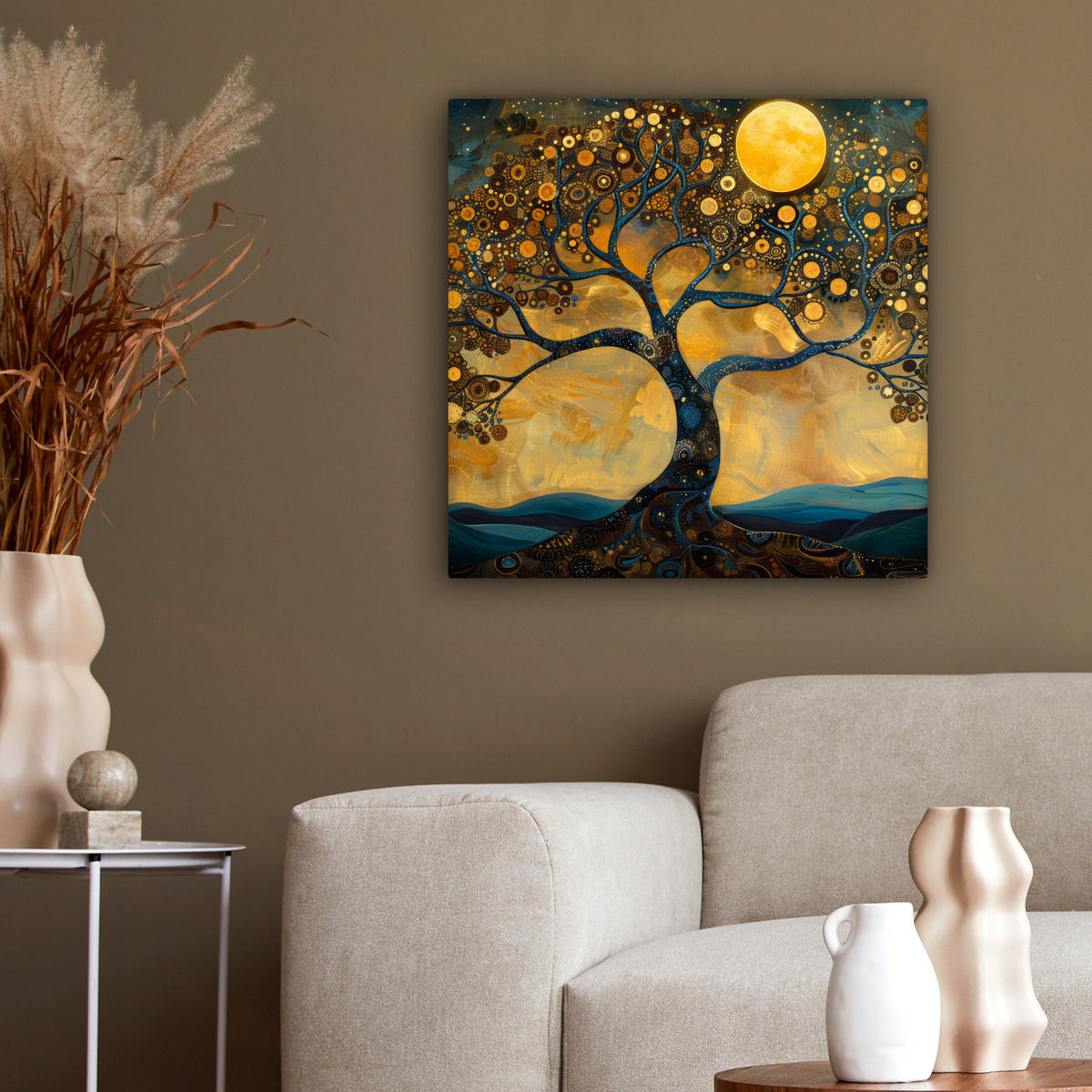 LEINWANDBILD Baum - Mond - Blumen - Gold - Kunst 50x50 cm - Orange, Textil (50/50cm) - MuchoWow