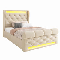 BETT mit LED und Stauraum 90x200 cm Samt Beige inkl. Matratze - Beige, Metall (90/200cm) - Meubliv