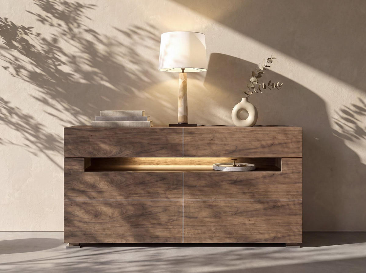 SIDEBOARD Nussbaum und polierter Stahl mit Innenbeleuchtung - Edelstahlfarben/Silberfarben, Holz/Holzwerkstoff (140/71/43cm) - ANGEL CERDA