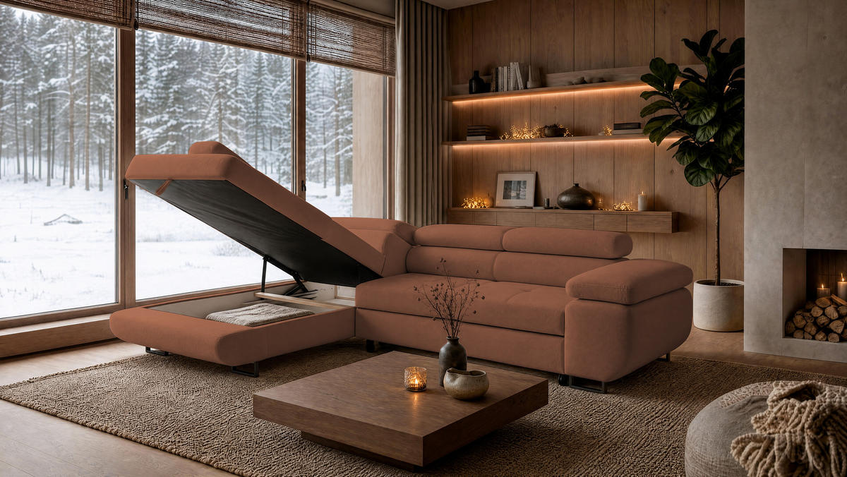 ECKSOFA Velmo mit Bettkasten und Schlaffunktion, verstellbaren Kopfstützen, in L-Form - Hellrosa, Textil (275/203cm)