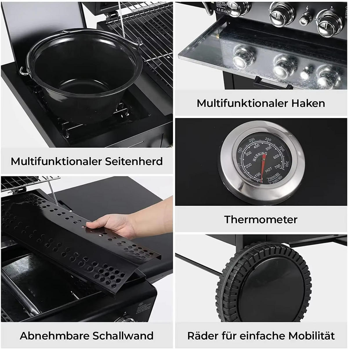 GASGRILL Grillwagen 4 Brenner mit Thermometer, Schwarz - Schwarz, Metall (133/76/42cm) - Kaket