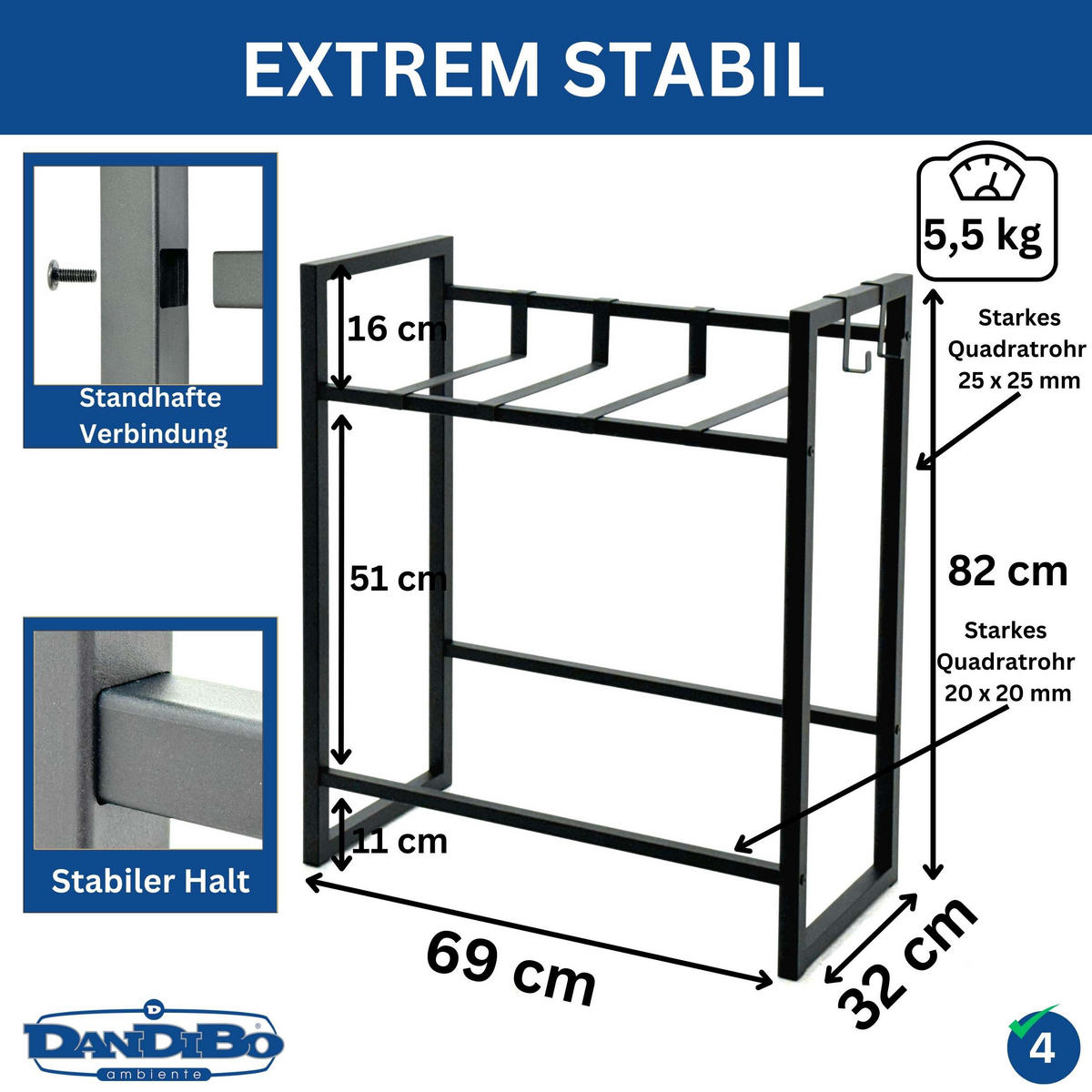 GETRÄNKEKISTENREGAL 4 Kisten Schwarz Metall 82 cm Stehend - Schwarz, Metall (69/82/32cm) - DanDiBo