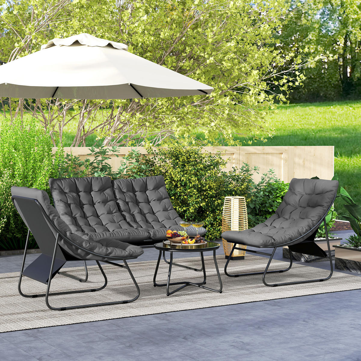 4-SITZER GARTENMÖBEL-SET DE-06540 2 Stühle, 1 Doppel-Sofa, 1 Tisch, dicke Kissen Grau - Grau, Textil/Metall - ComfortXL