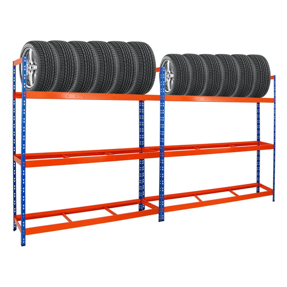 REIFENREGAL Tiger XL 2er-Set mit 2x 200x180x45 cm 300 kg Fachlast bis zu 42 Reifen Blau-Orange - Orange, Metall (360/200/45cm) - PROREGAL