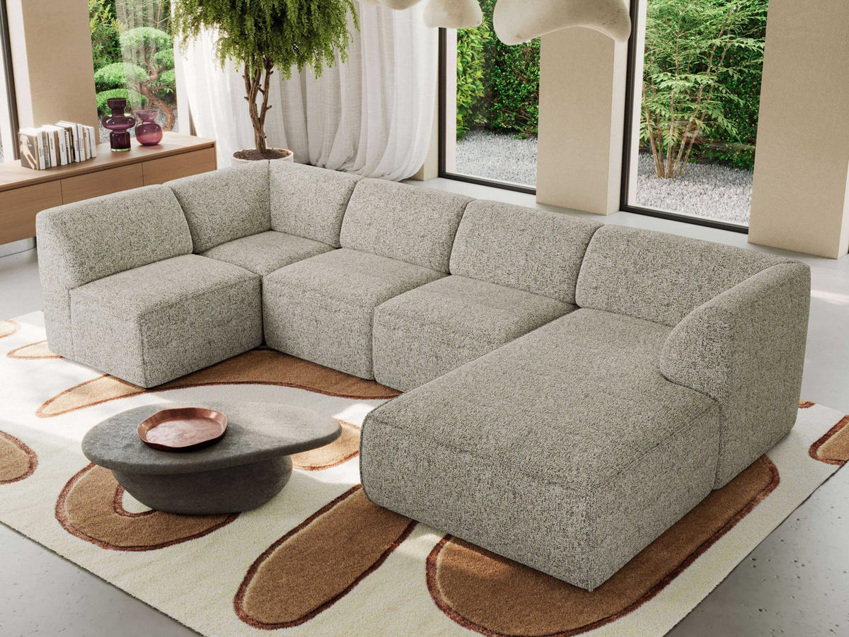 WOHNLANDSCHAFT MODARO U 5M - Beige Struktur - Rechts - Beige/Schwarz, Textil (345/78/180cm) - MKS