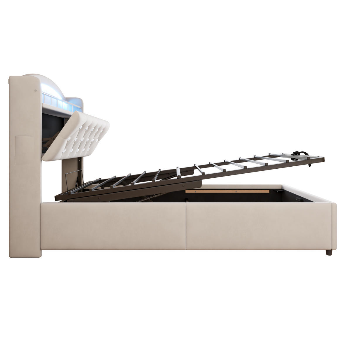 SAMT-POLSTERBETT 90/200 cm mit Bettkasten, LED und gepolstertem Kopfteil - Beige, Textil (90/200cm) - BEAOK