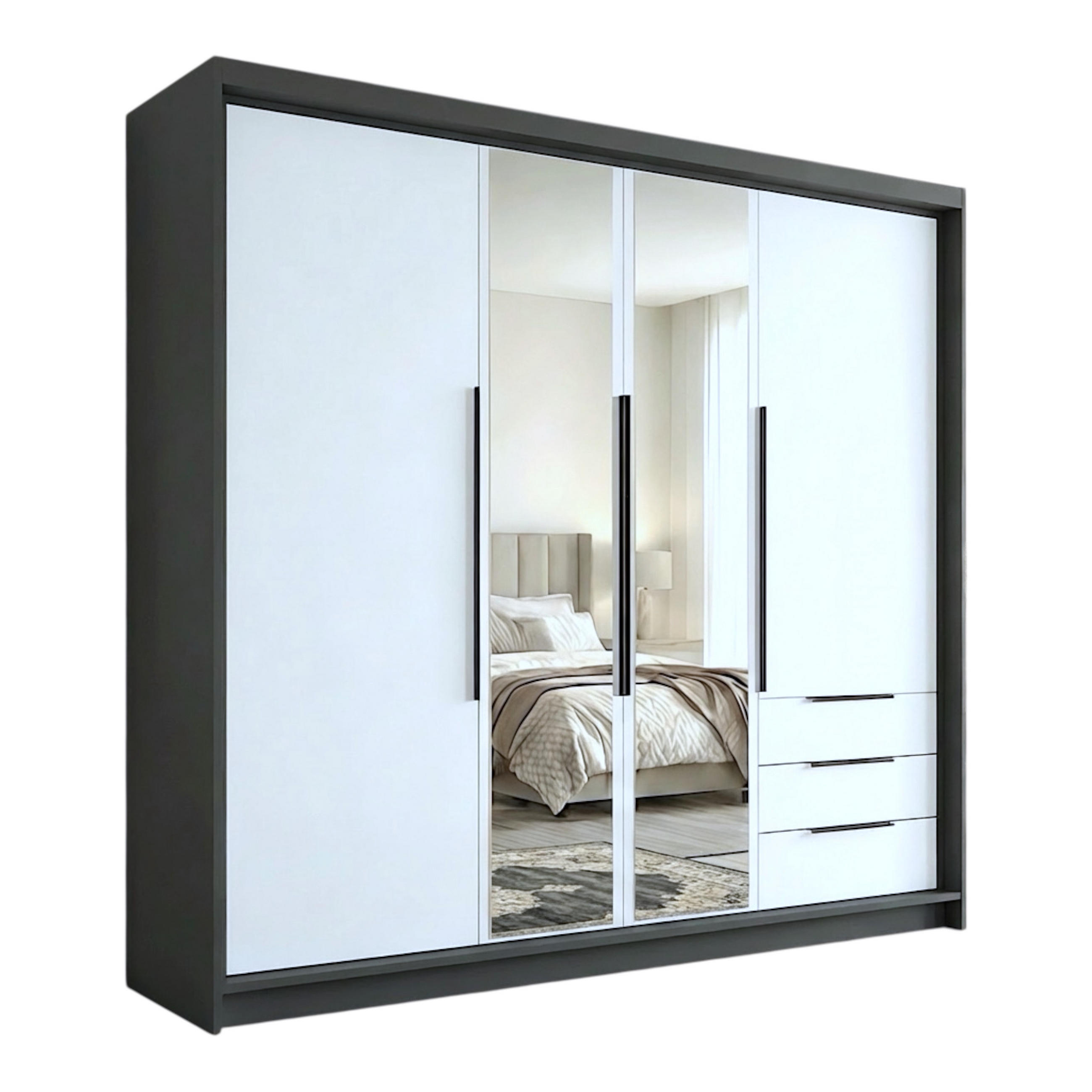 A&J MöbelLand Drehtürenschrank Graphit, Weiß, Weiß 200x215x59.5 cm