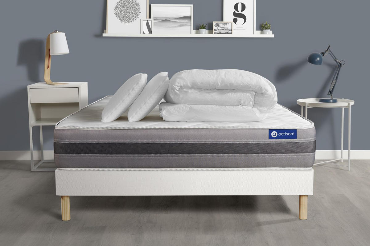 BETT Actiflex relax Taschenfederkern und Memory-Schaum 160 x 200 cm h1 - Kit Bettgestell Weiß - Mit Kissen und Bettdecke - Beige/Weiß, Holz/Textil (160/200cm) - ACTISOM