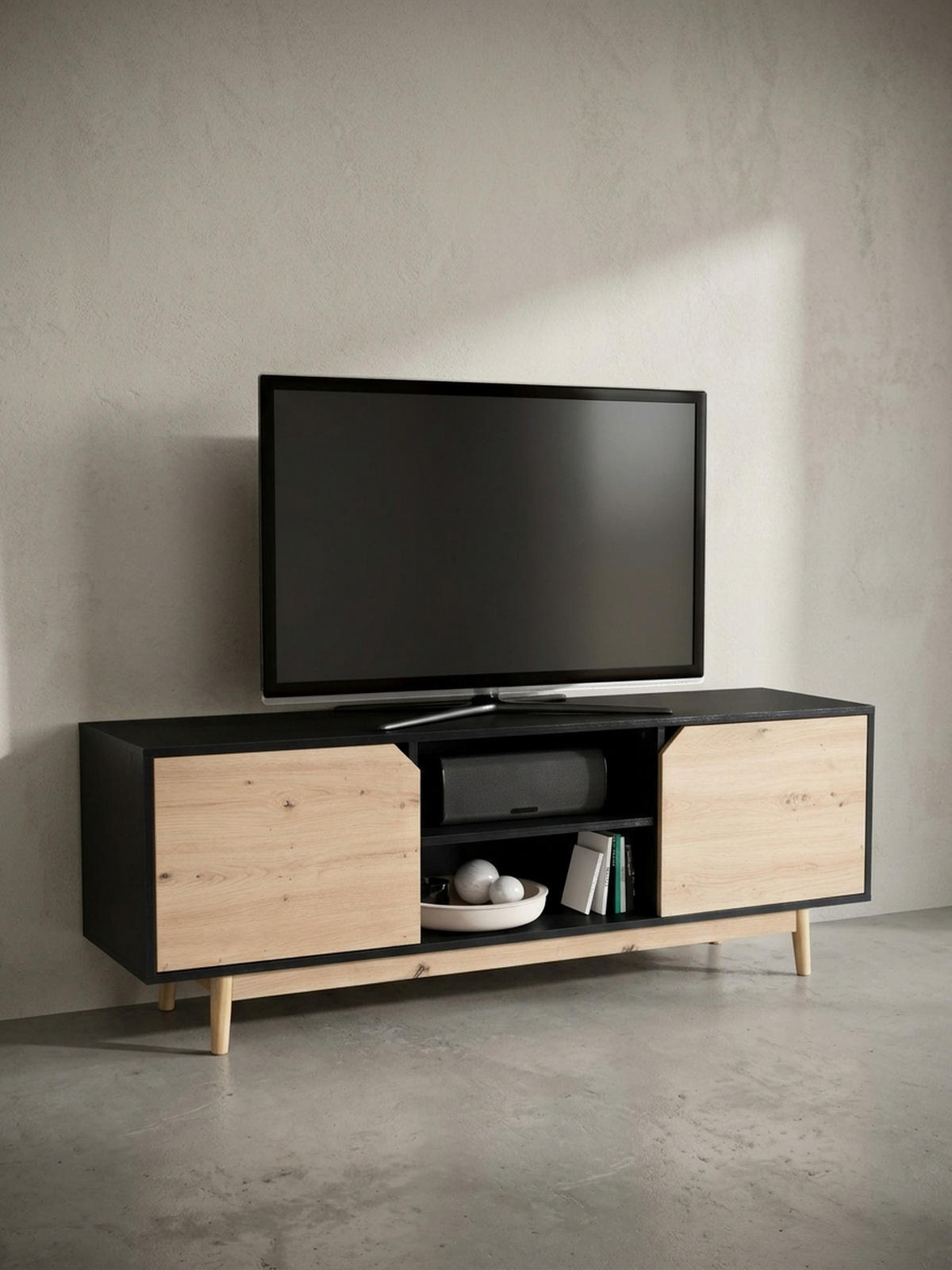 TV-LOWBOARD mit Eiche-Dekor, 2 Türen, modern, Schwarz-Beige 150x40x55 cm - Eichefarben/Schwarz, Holz (150/55/40cm) - KADIMA DESIGN