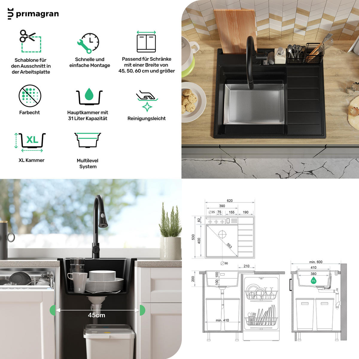 SPÜLBECKEN Sydney Pocket, 2-er set Weiß 62/53 cm 1 Becken + Ablauf-Set + Küchenzubehörset ab 45er Unterschrank - Chromfarben/Beige, Kunststoff (62/20/53cm) - Primagran