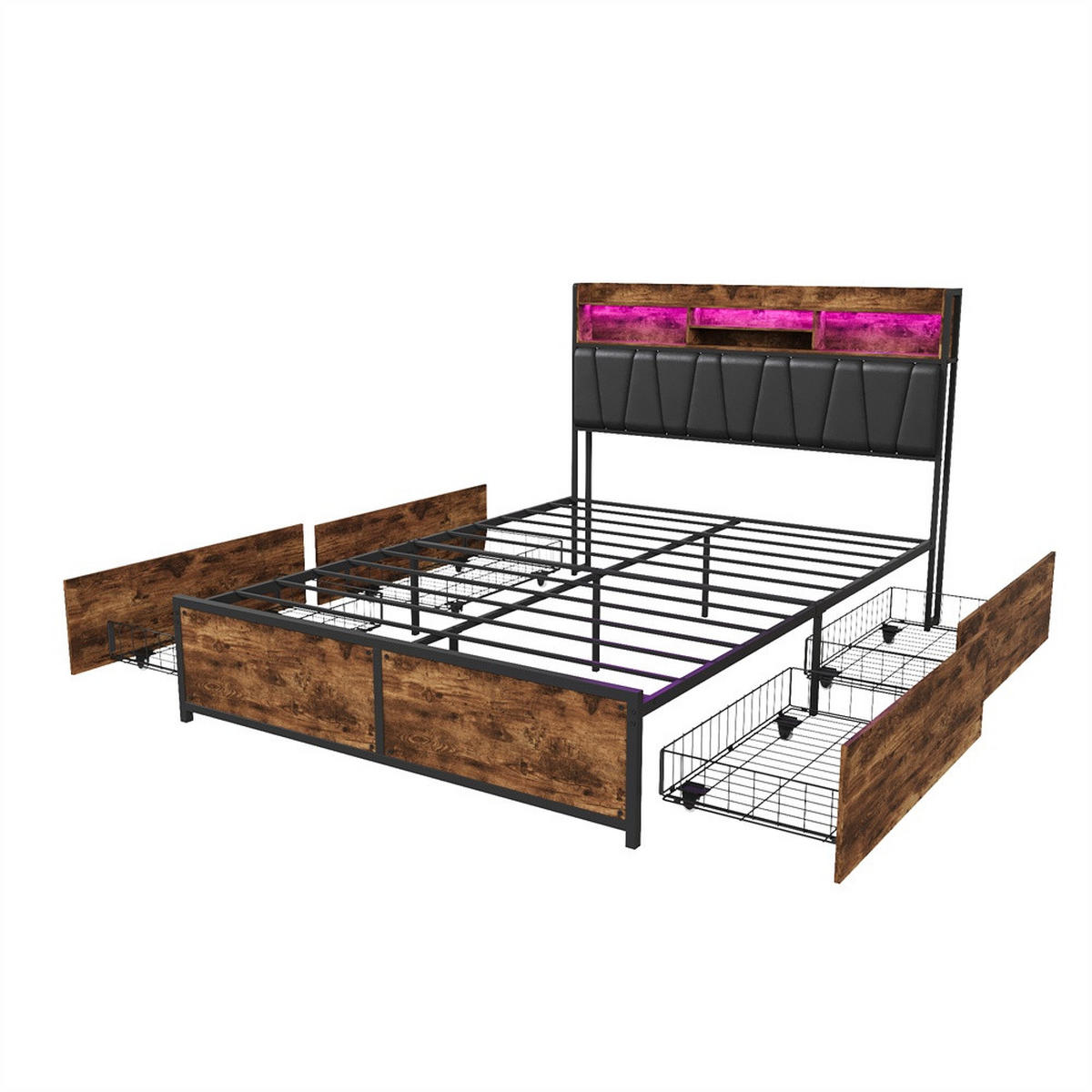 METALLBETT 140x200 cm mit 4 Schubladen - Kopfteil mit offenem Stauraum - LED Beleuchtung & integrierte Ladestation - Schwarz, Metall (140/200cm) - DELFA