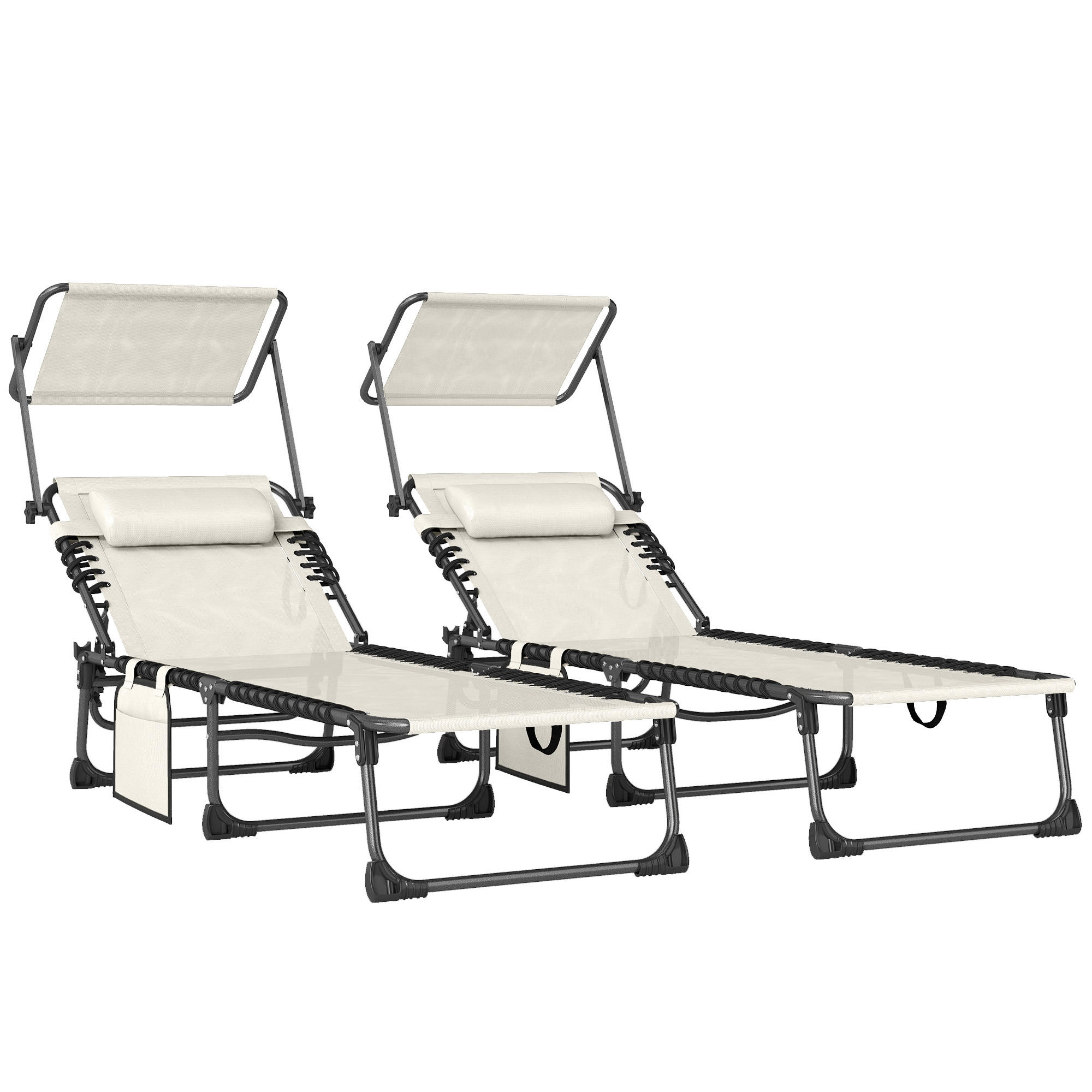 GARTENSONNENLIEGE, 2er-Set, Creme, 5-fach verstellbare Lehne, Sonnenschutz, Seitentasche, Kopfstütze - Weiß, Metall (190/30/57cm) - Vallsero