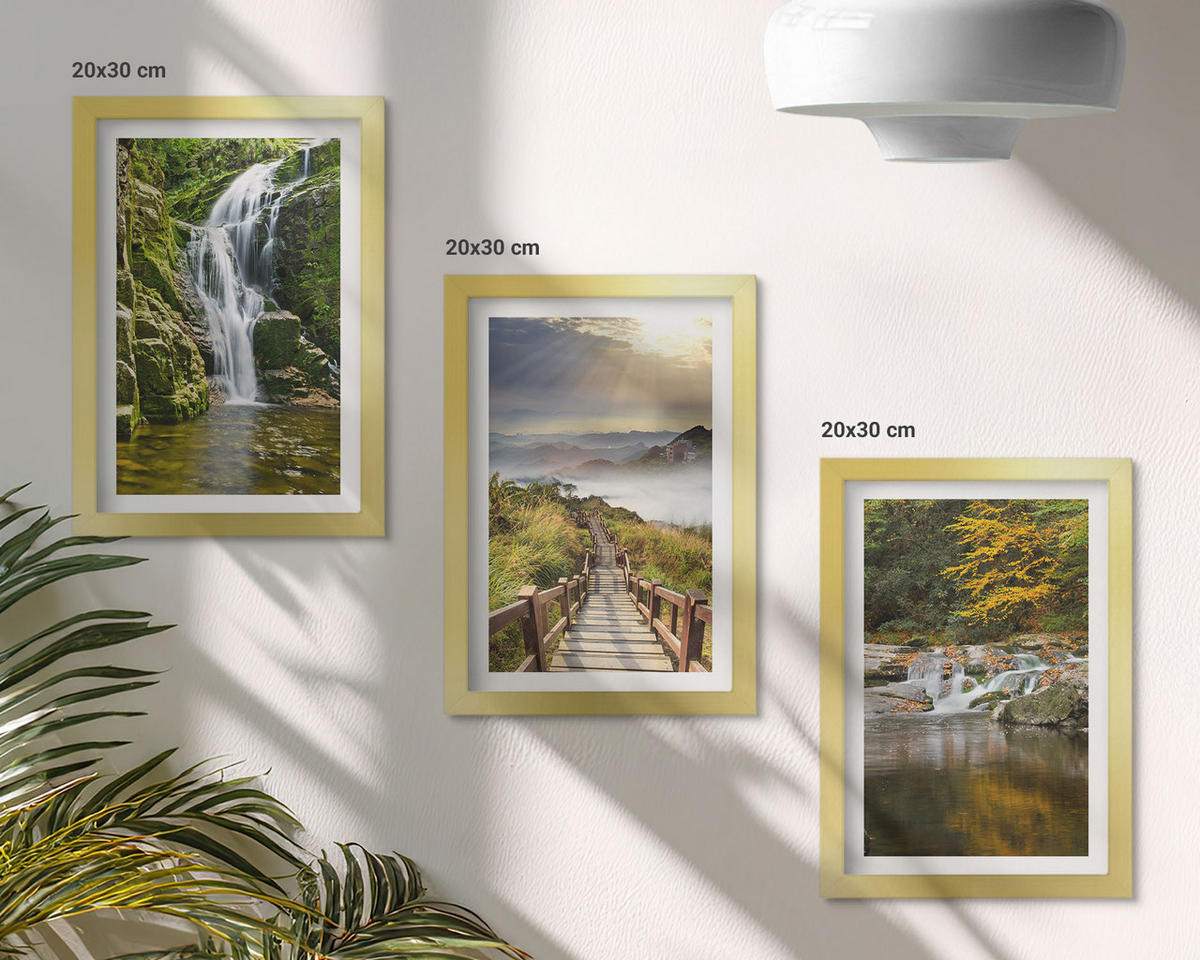 WANDBILDER 3er Set - 20x30 cm Goldrahmen - Wasserfälle, Berge, Wolken, Herbst - Goldfarben, Kunststoff (20/30cm) - ArtPrintCave