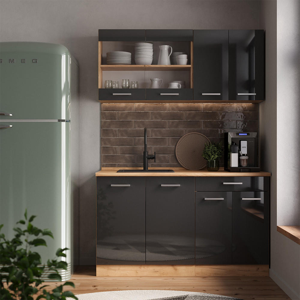 SINGLEKÜCHE R-Line Anthrazit Hochglanz/Goldkraft Eiche 140 cm ohne AP - Anthrazit/Eiche Wotan, Holzwerkstoff (140/81.6/46cm) - Vicco