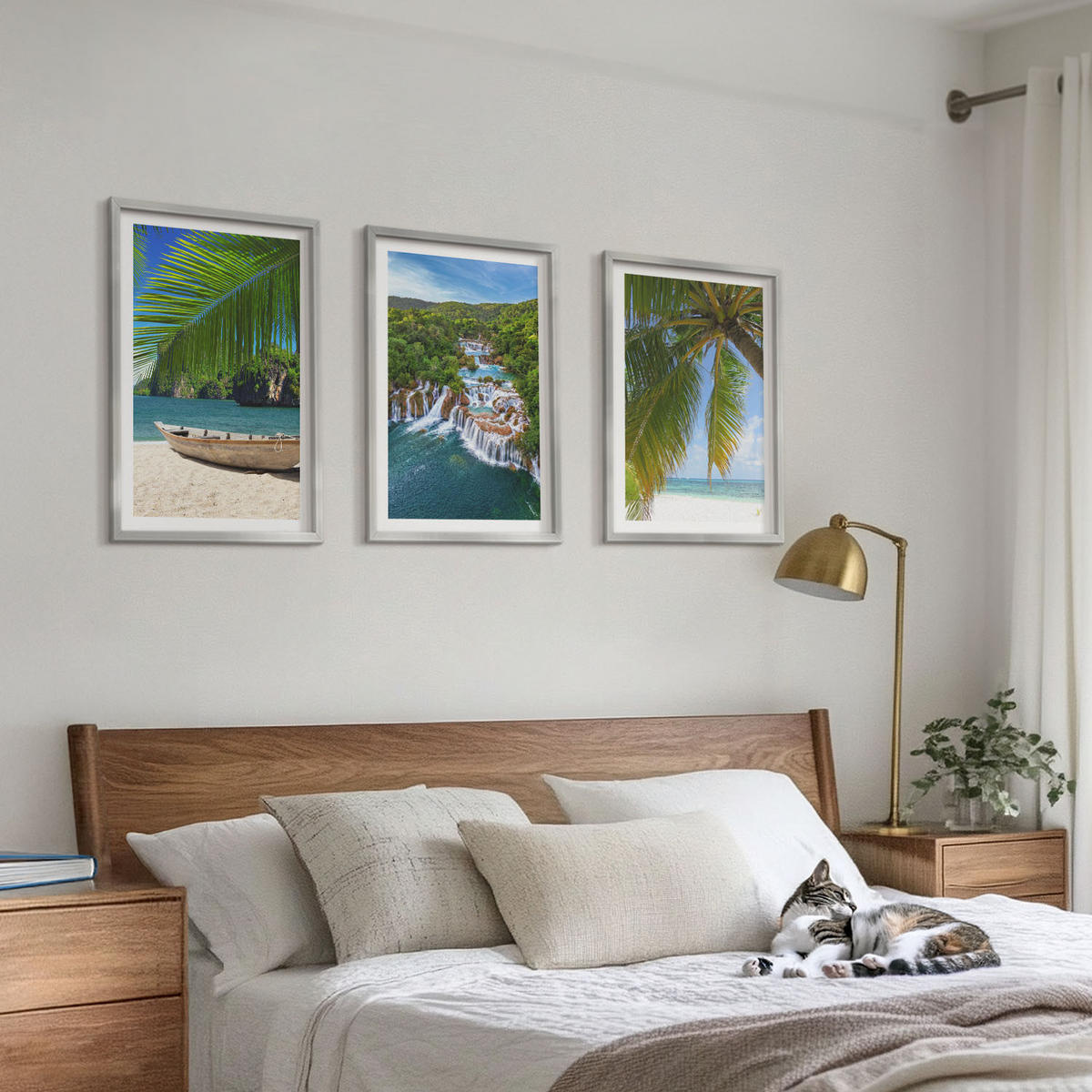 WANDBILDER 3er Set - 40x60 cm Silberner Rahmen - Strand, Boot, Wasserfälle, Palmen - Silberfarben, Kunststoff (40/60cm) - ArtPrintCave