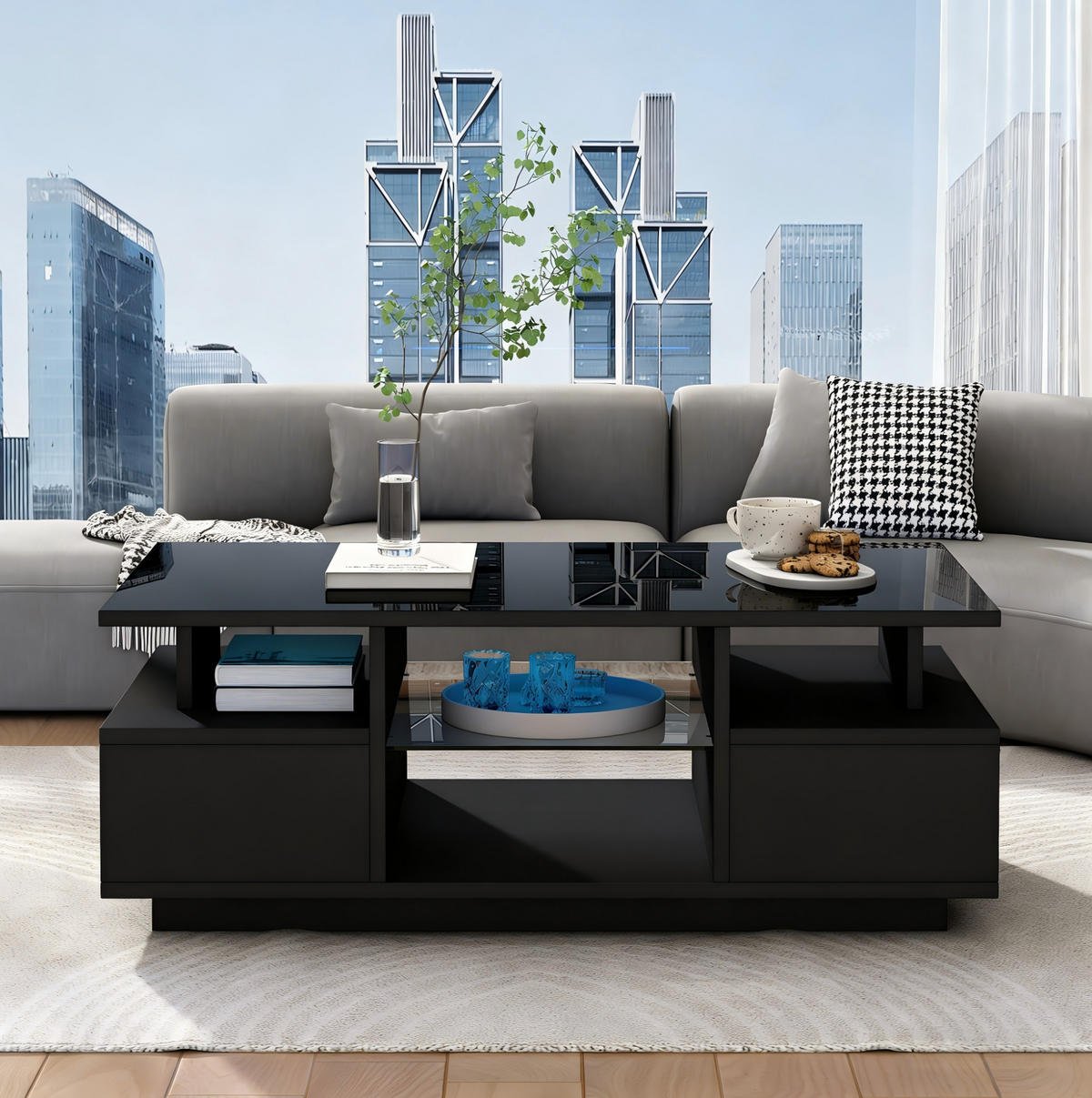 COUCHTISCH in Schwarz Kaffeetisch mit 2 Schubladen, LED & Glas, offener Stauraum, Hochglanz Sofatisch, B100/T50/H36cm - Schwarz, Holzwerkstoff/Metall (50/100/36cm) - STILVORA