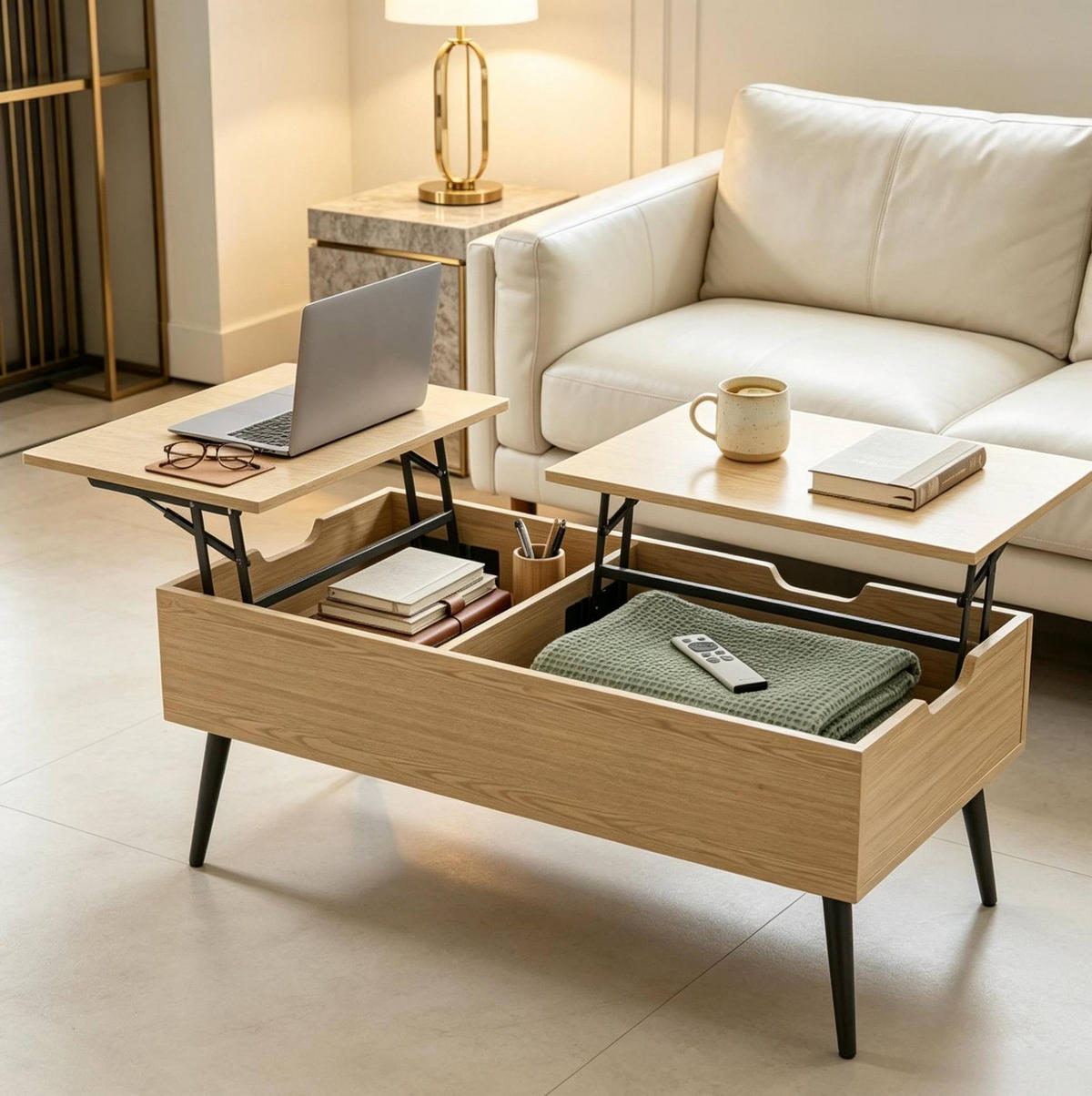 COUCHTISCH aus Spanplatte 100x50x43,6 cm Naturholz-Optik/Schwarz mit höhenverstellbarer Tischplatte - Schwarz, Metall (100/50/58cm) - IVMEU