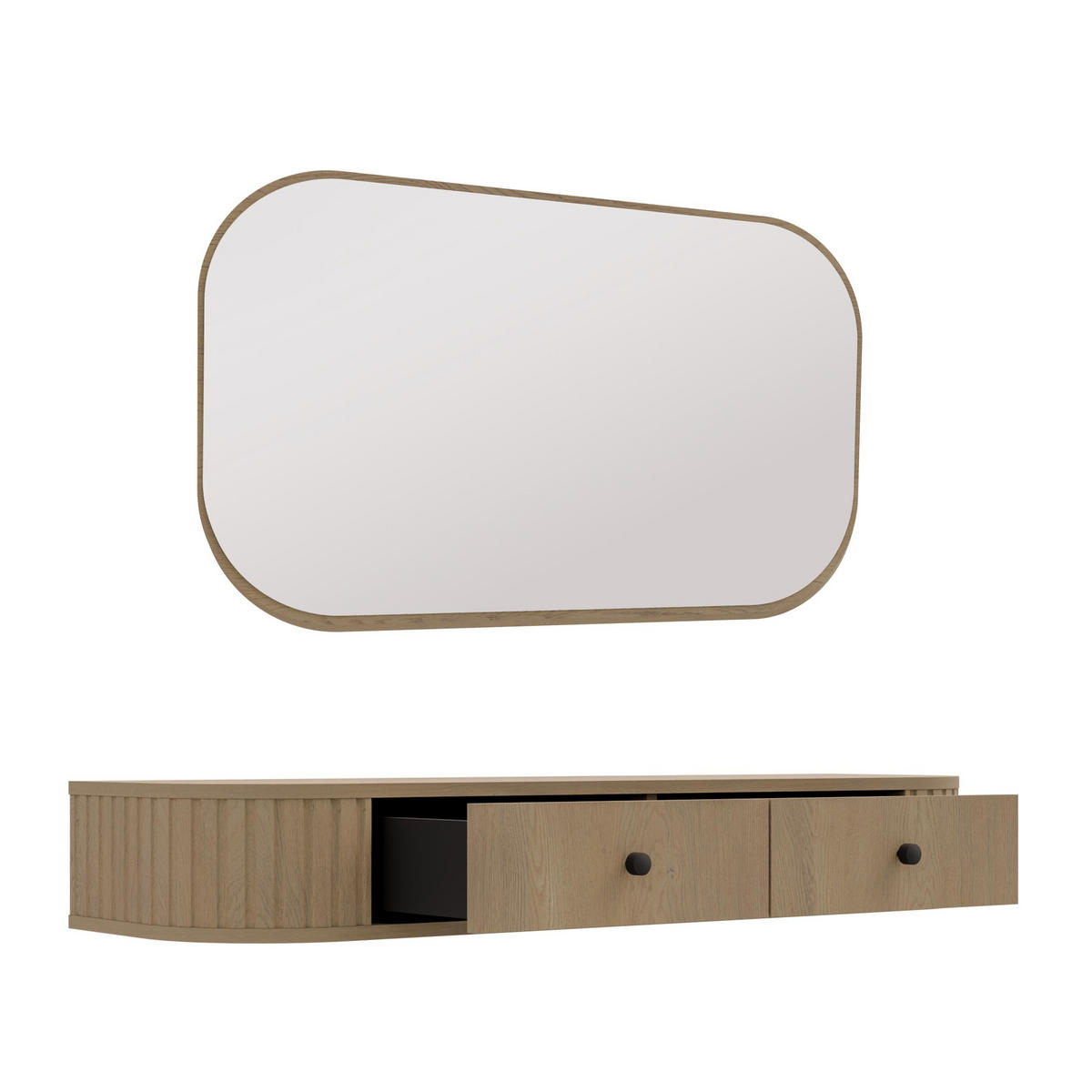 KONSOLENTISCH Halay Eiche Cremona 2 Schubladen mit runden Kanten + Rechteckiger Spiegel - Eichefarben/Schwarz, Holzwerkstoff/Metall (36/123/17.5cm) - AX Living