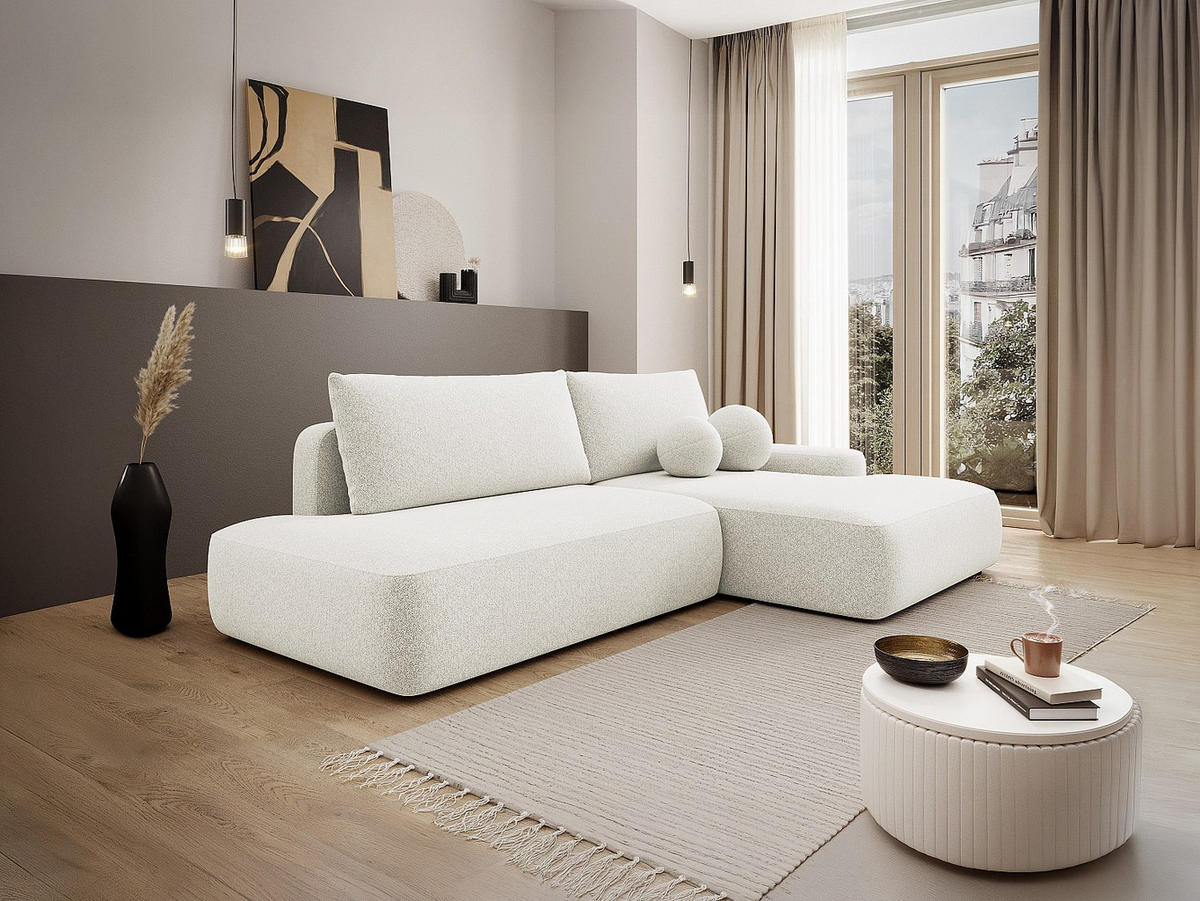 ECKSOFA mit Schlaffunktion - Ecke rechts - einseitige Armlehne - melierter Stoff - Beige - DAVISO - Creme, Textil (276/164cm) - Vente-Unique