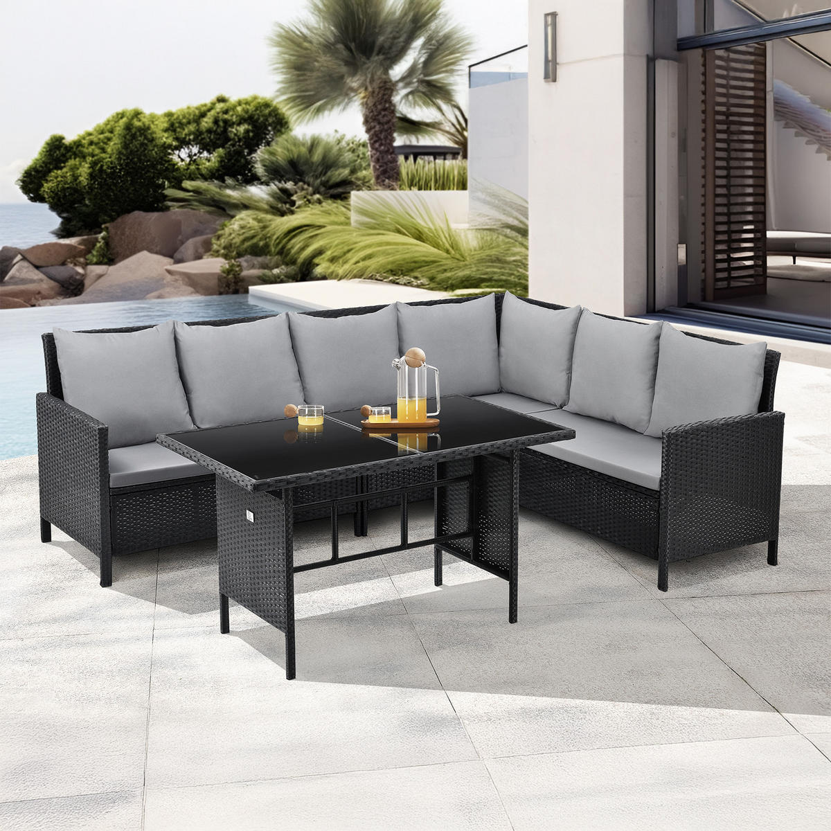 RATTAN-LOUNGE Madison - Schwarz/Grau, Kunststoff - SVITA
